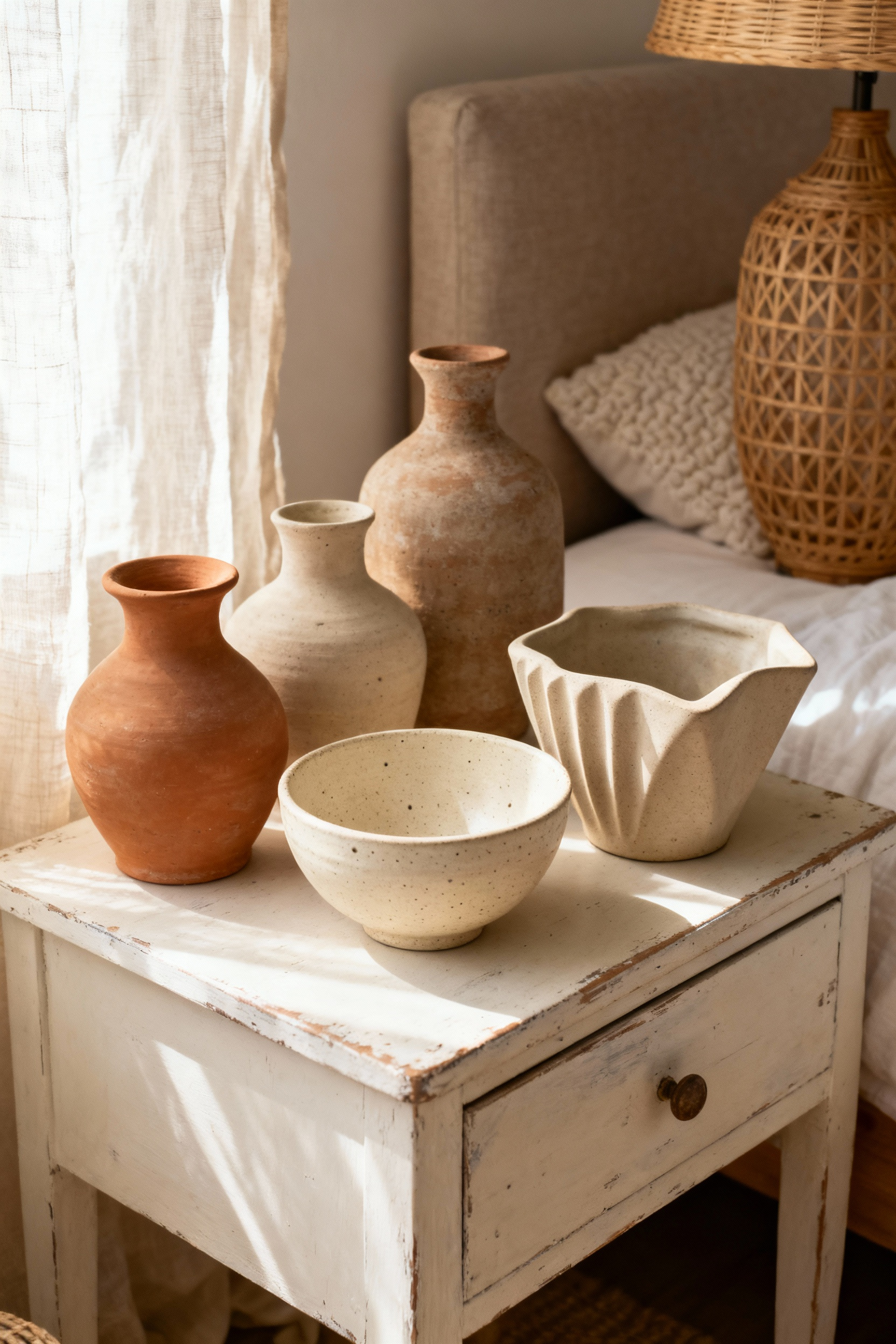 Boho bedroom decor featuring hand-crafted pottery and imperfect ceramics on a distressed wooden nightstand, showcasing unique artisanal allure with terracotta vases, stoneware bowls, and a ceramic planter.