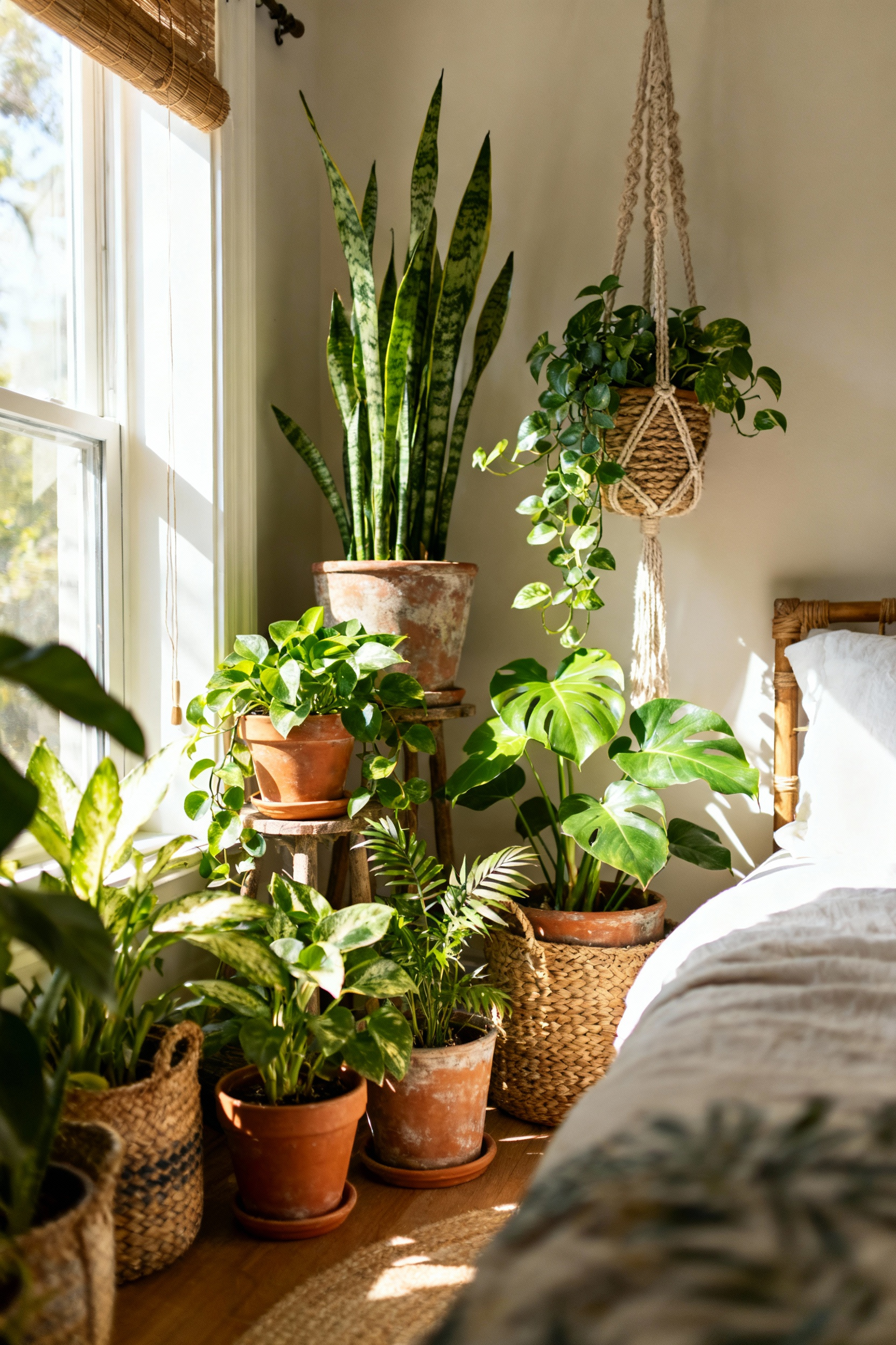 Boho bedroom corner with diverse easy-care houseplants in vintage terracotta and macrame planters, featuring snake plant and pothos under natural light.