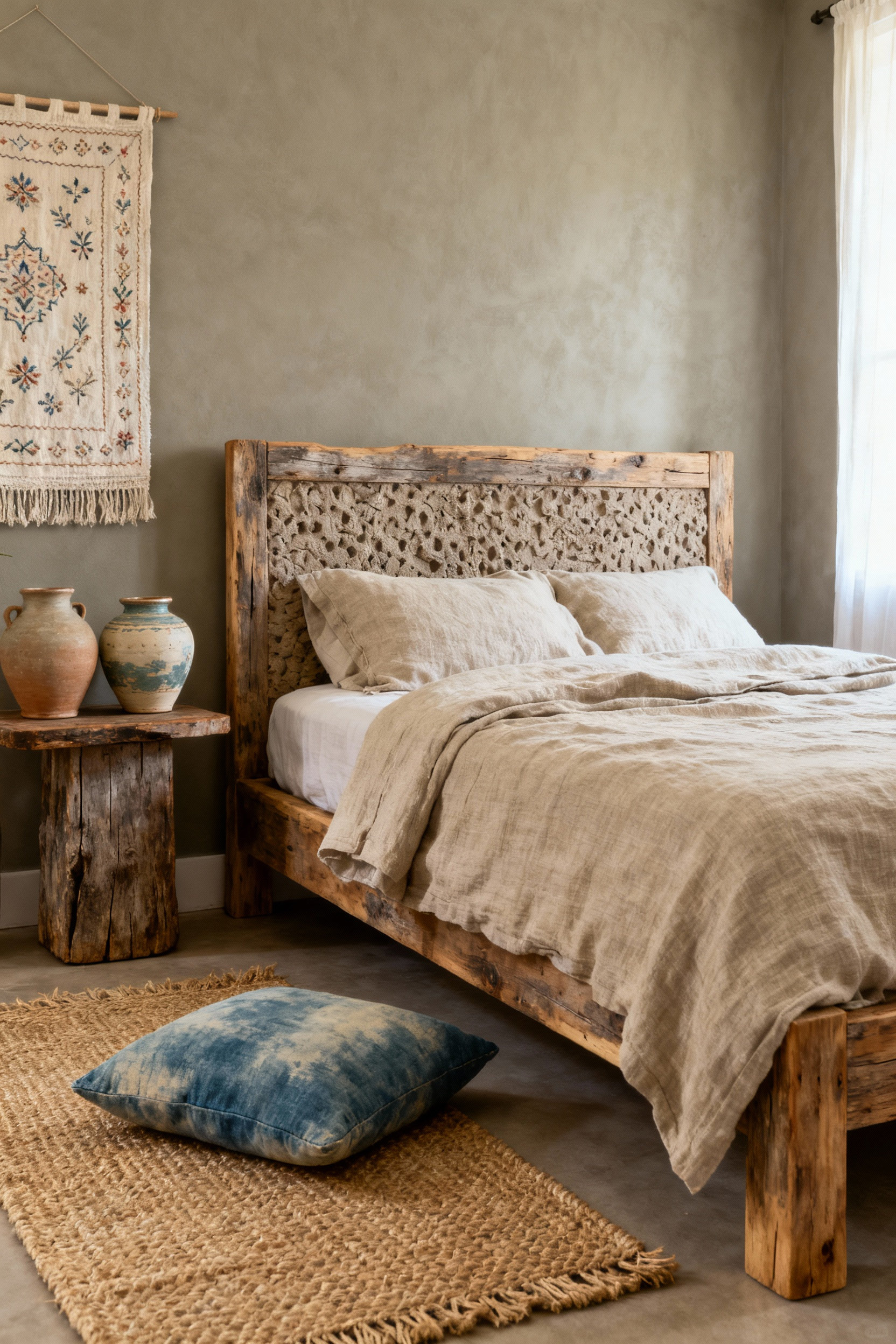 A serene boho bedroom with warm neutral greige walls, a natural wood bed frame, textured linen bedding, and a jute rug, accented by subtly pigmented vintage textiles like a faded indigo cushion and a delicate tapestry.