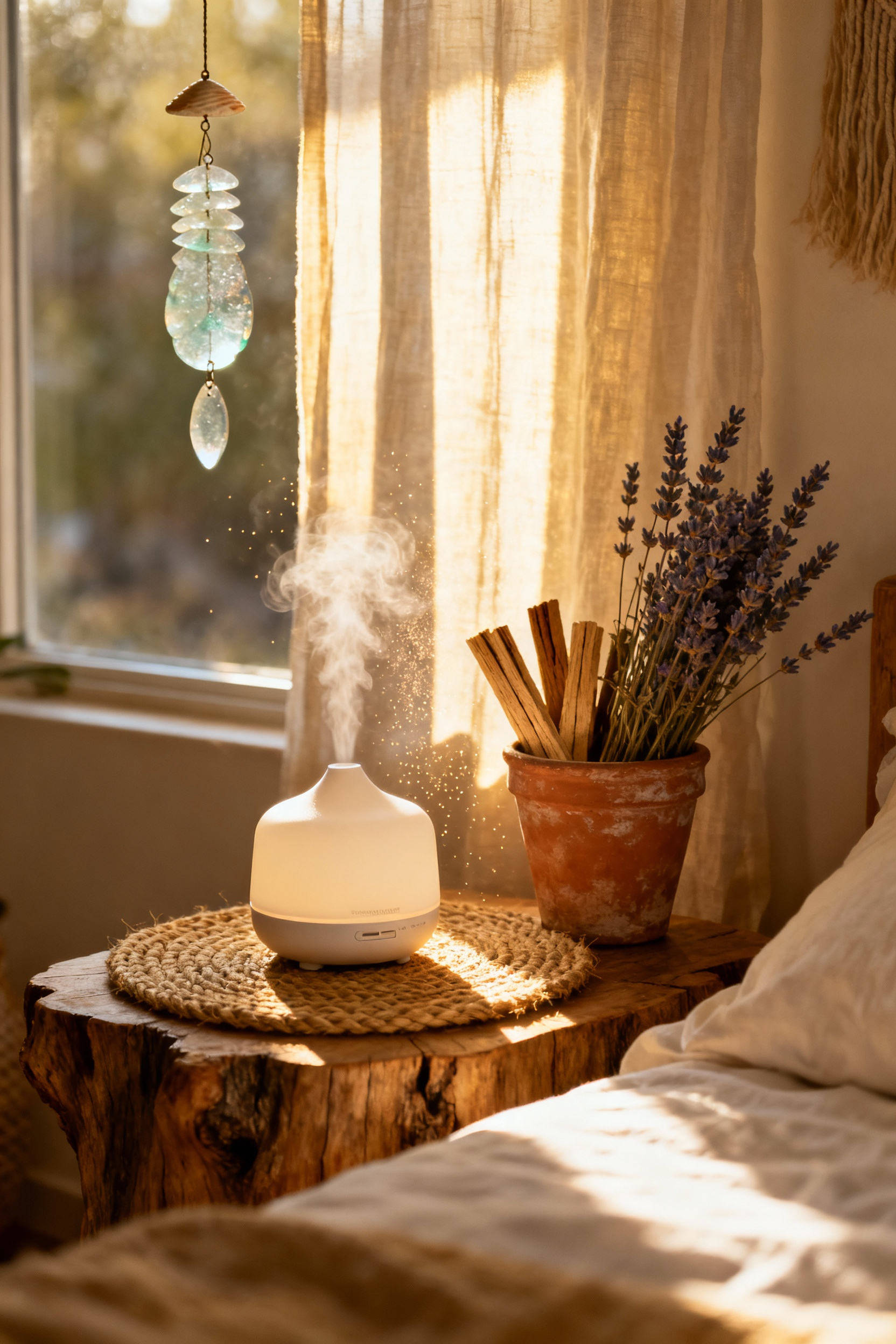 Boho bedroom sensory haven with an essential oil diffuser, dried botanicals, natural textiles, and soft lighting for holistic well-being.