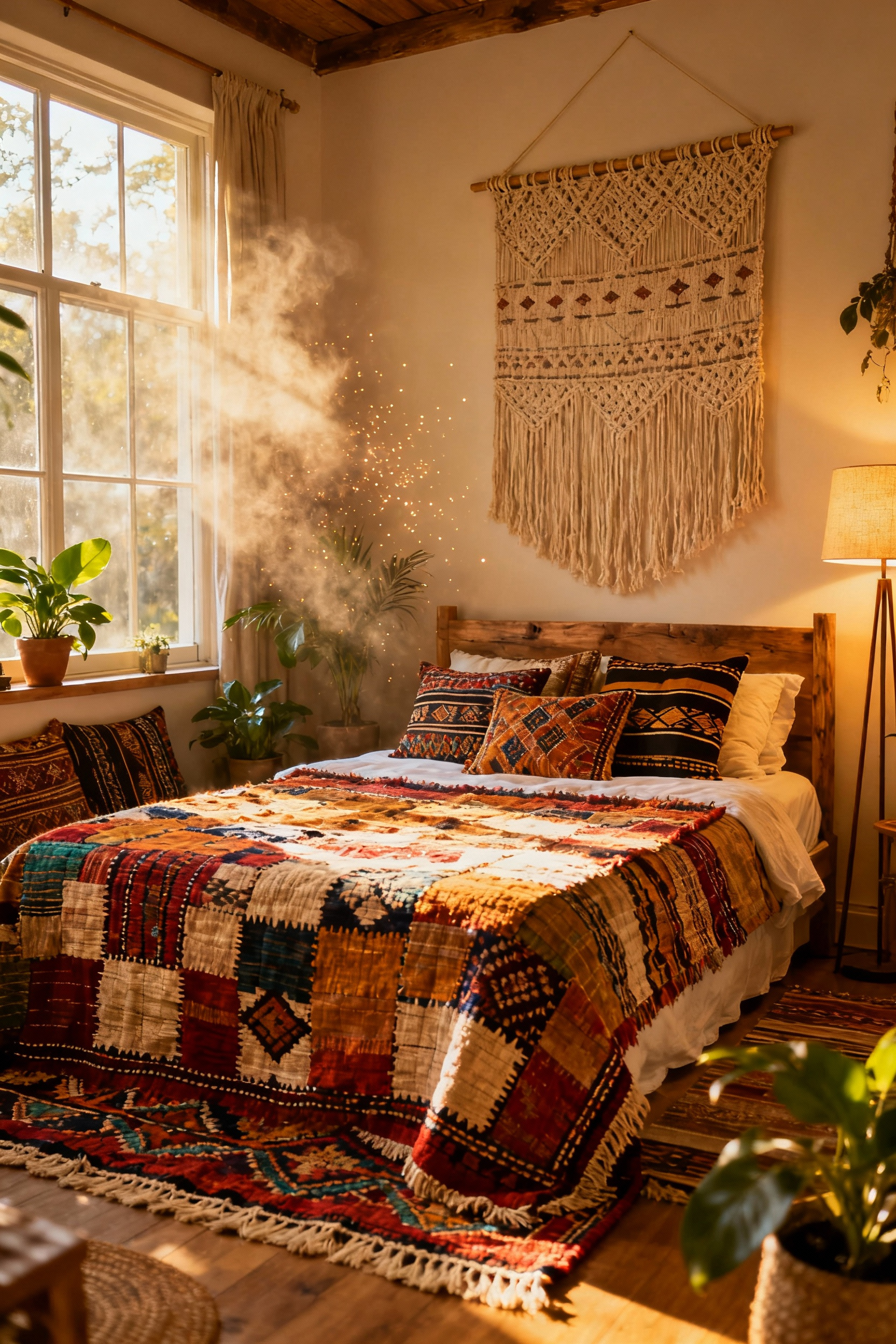 Bohemian bedroom decor featuring a bed draped with a colorful Moroccan boucherouite rug, Indian kantha quilt pillows, and West African mudcloth accents. A macrame wall hanging and potted plants complete the globally inspired, curated textile art theme.