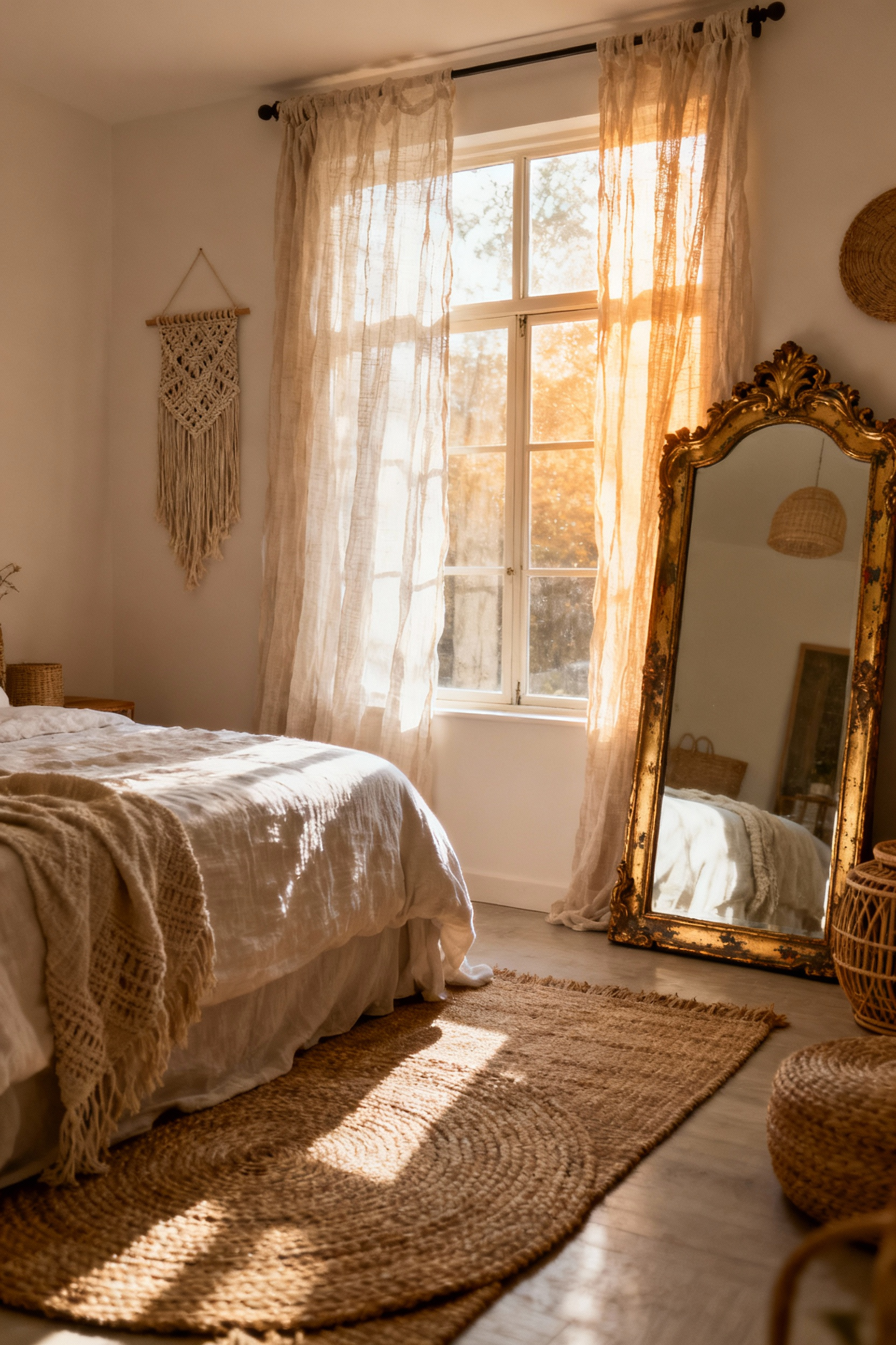 A bright and airy boho bedroom with sheer linen curtains, a large ornate antique mirror reflecting natural light, and natural textured decor, creating a spacious feel.