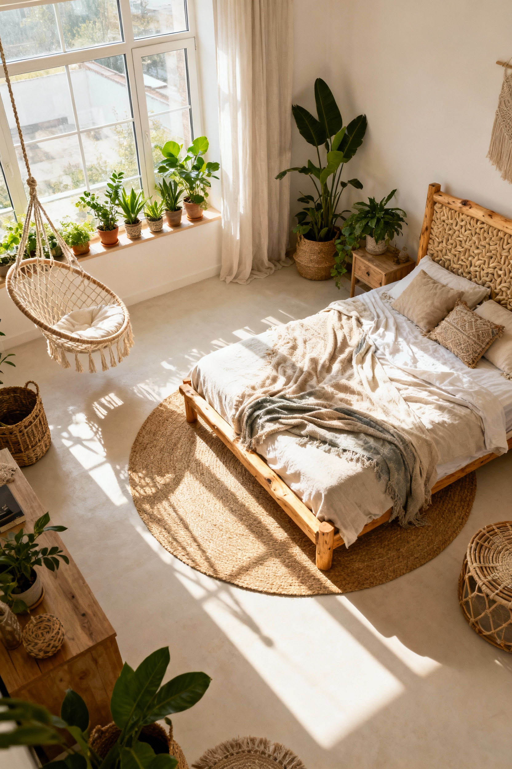 A bohemian bedroom showcasing strategic furniture placement to create an open and inviting atmosphere, with clear pathways and natural light.