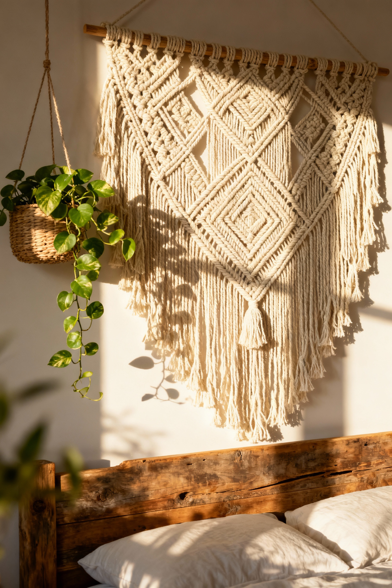 Close-up portrait view of a bohemian bedroom featuring an intricate macrame wall hanging above a bed, surrounded by natural elements, adding significant textural depth.