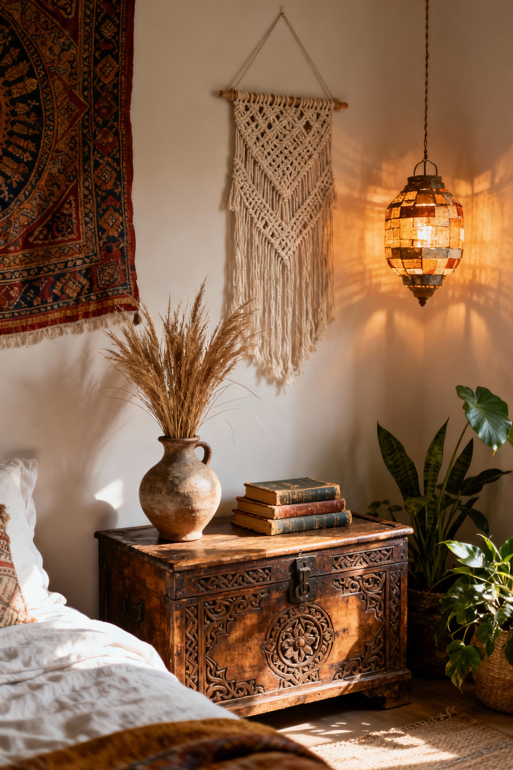A bohemian bedroom corner featuring an aged wooden chest, a unique pottery vase with dried pampas grass, and a soft, intricate textile wall hanging, bathed in warm natural light, reflecting authentic, self-expressed decor.