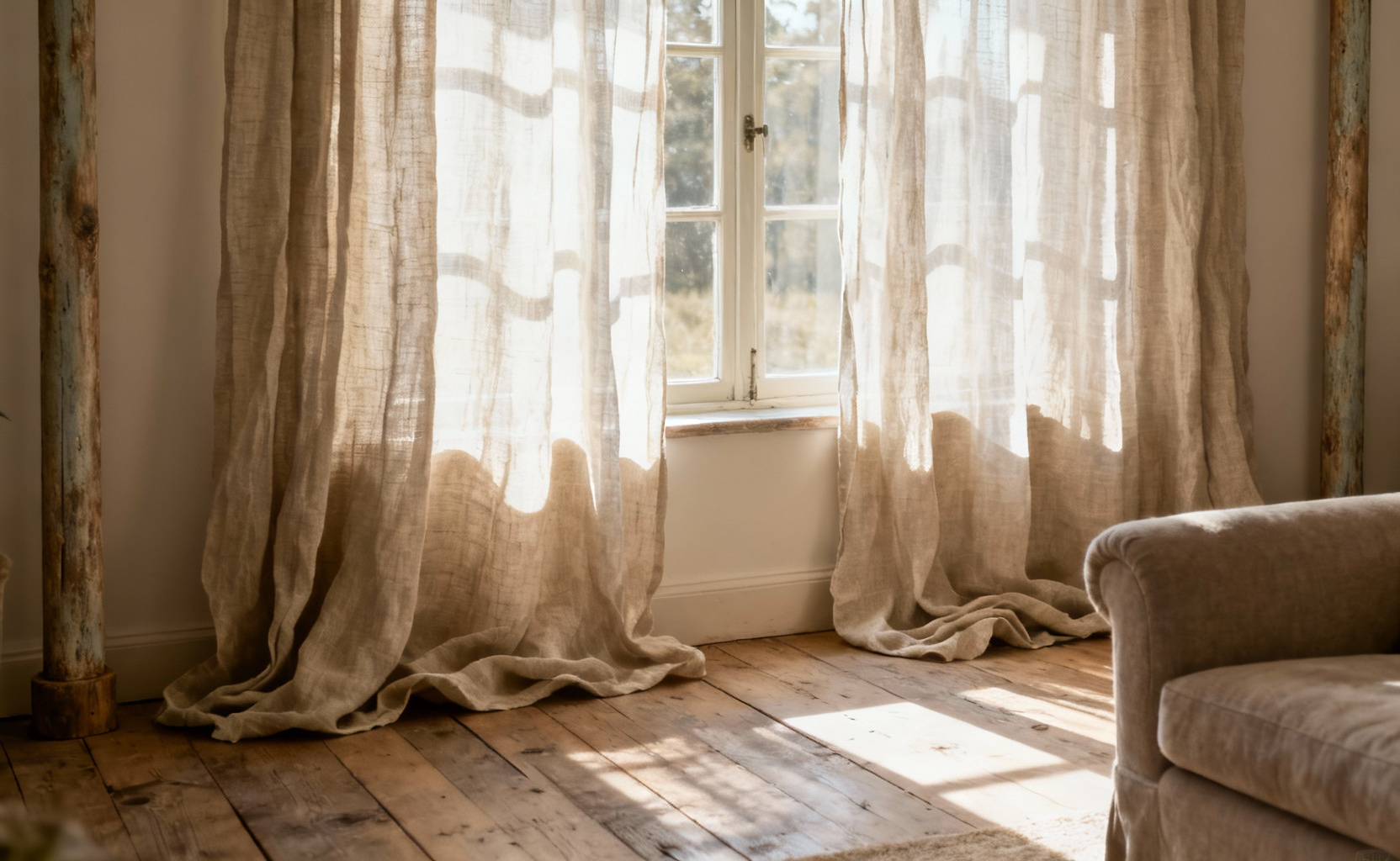 Portrait of a country living room with natural linen window treatments allowing diffused sunlight to enter. Rustic elegance and effortless design.