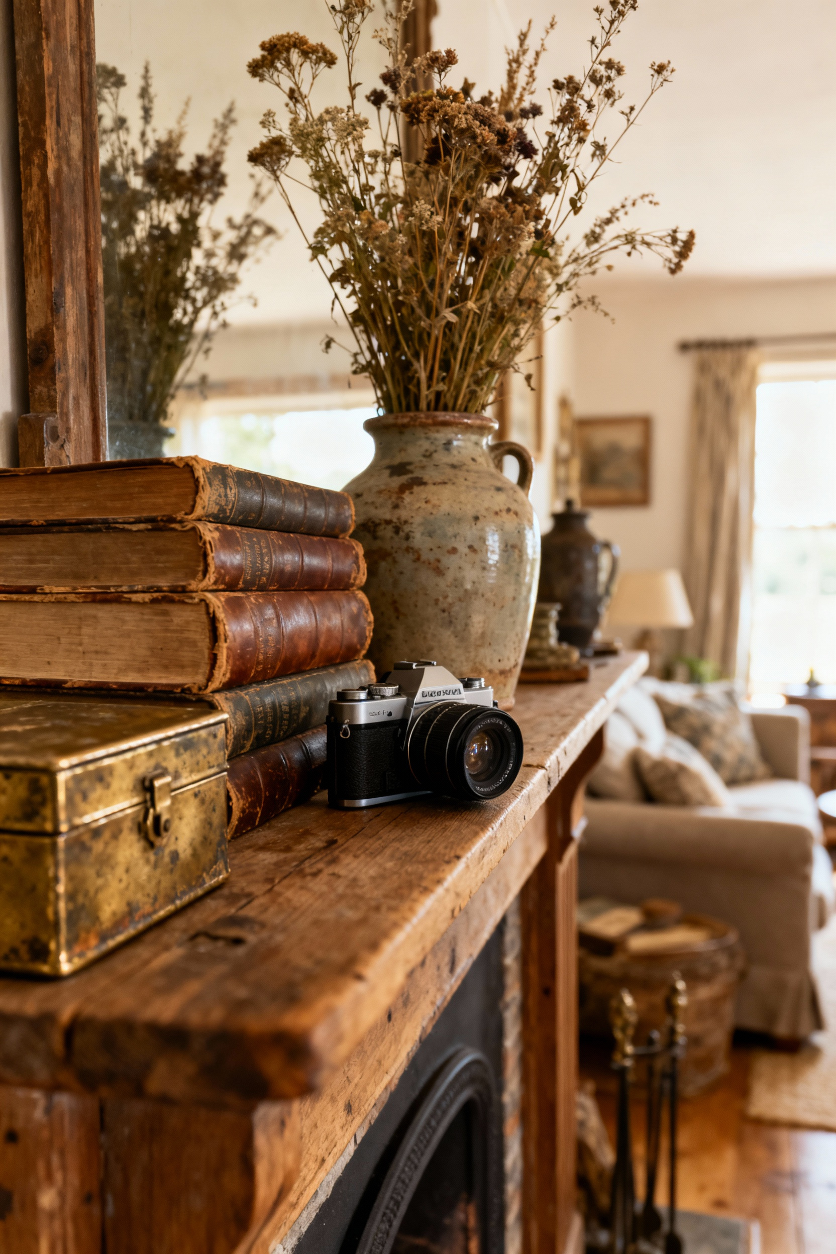 A meticulously layered country living room mantelpiece featuring antique books, a vintage ceramic vase, and a tarnished brass box, bathed in warm natural light.