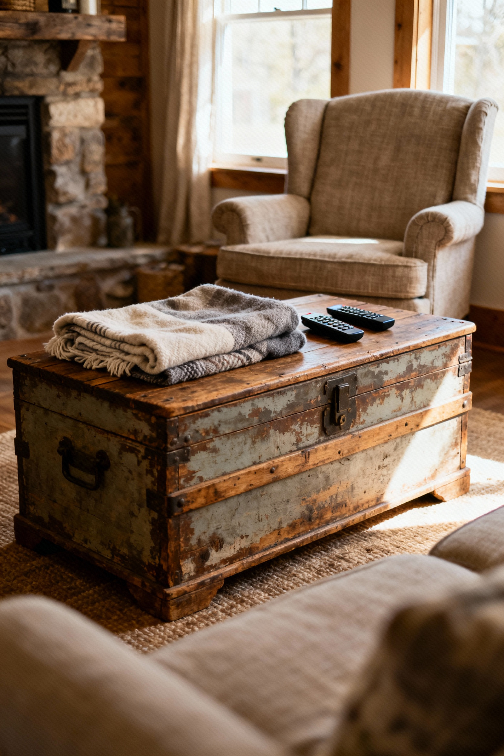 A country living room featuring a discreet rustic wooden blanket chest used as a coffee table, blending seamlessly for tidy storage and an inviting atmosphere.