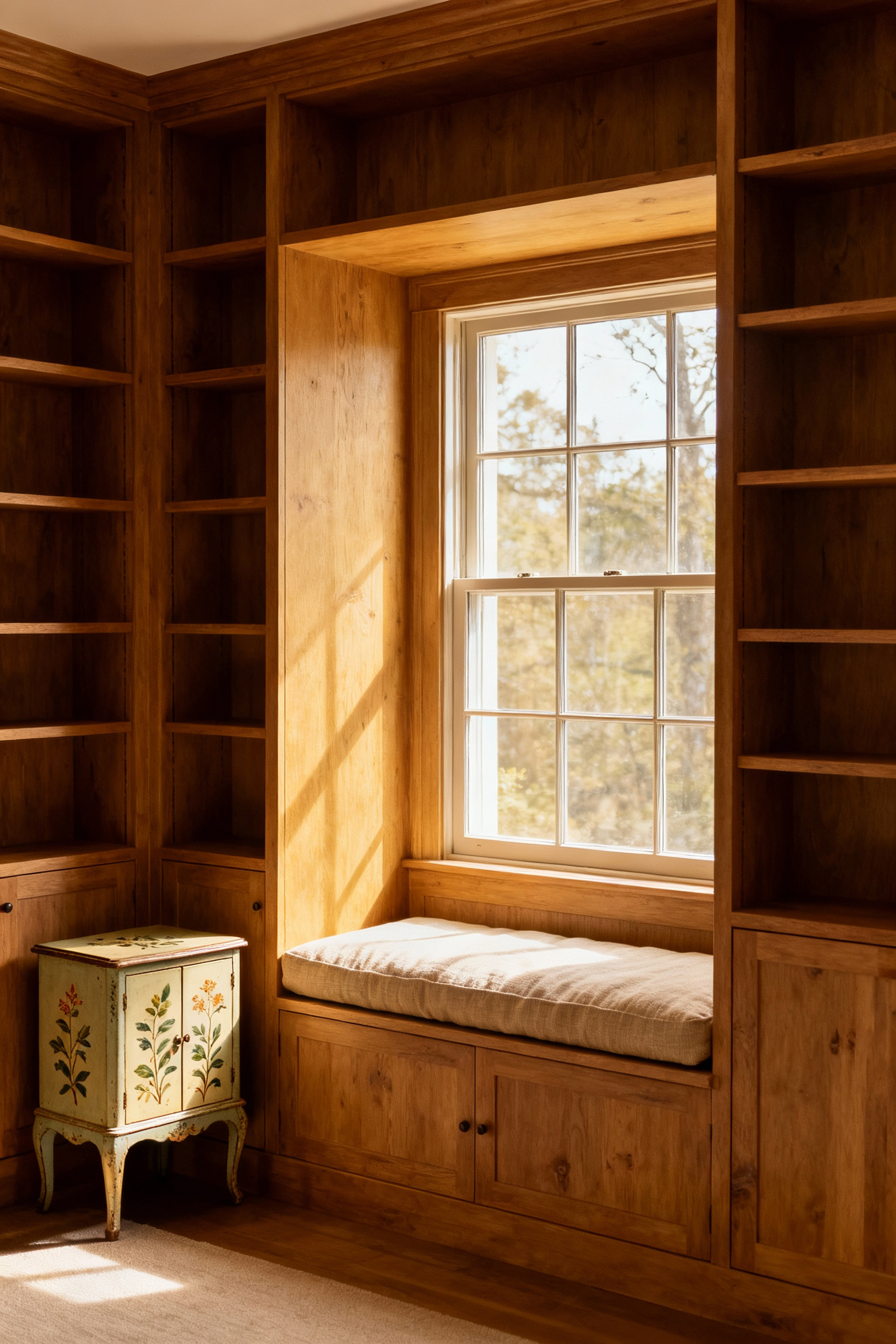 A serene country living room corner featuring custom built-in wooden bookshelves with a window seat and a rustic side cabinet adorned with hand-painted floral motifs. No people.