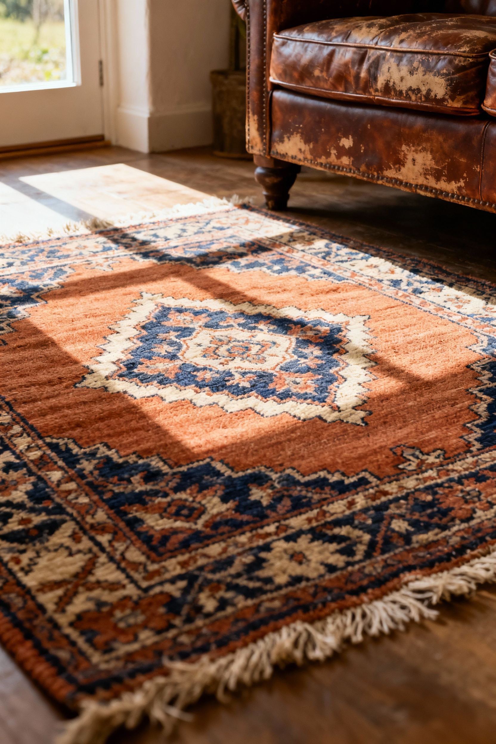 A vintage Persian Heriz rug with muted colors and intricate patterns, showcasing handwoven craftsmanship in a country living room setting, anchoring a distressed leather armchair.
