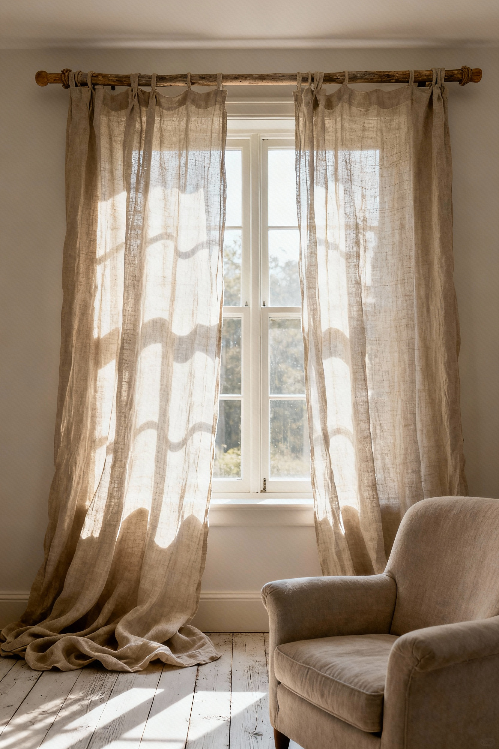 Portrait of a country living room with natural linen window treatments allowing diffused sunlight to enter. Rustic elegance and effortless design.