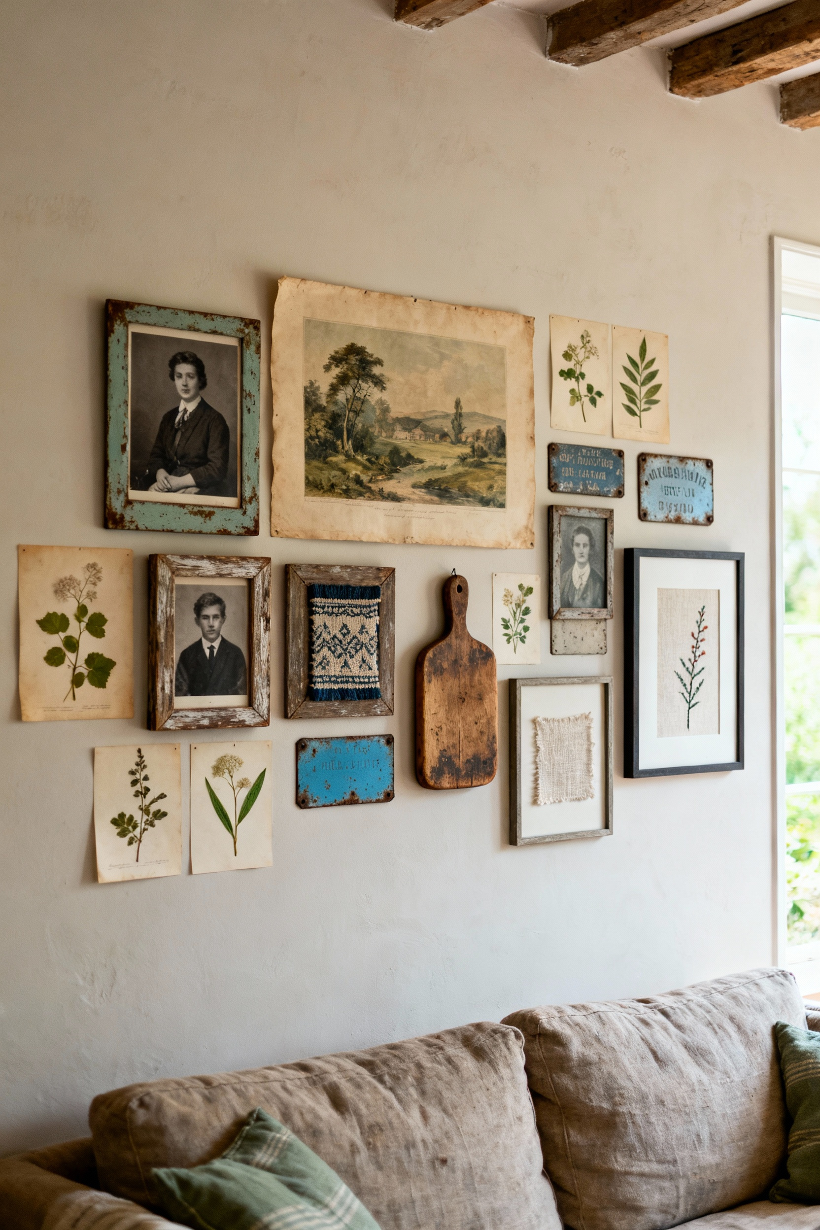 A beautifully curated gallery wall in a country living room, showcasing vintage photographs, botanical prints, textile art, and wooden elements in an asymmetrical arrangement, under soft natural light.