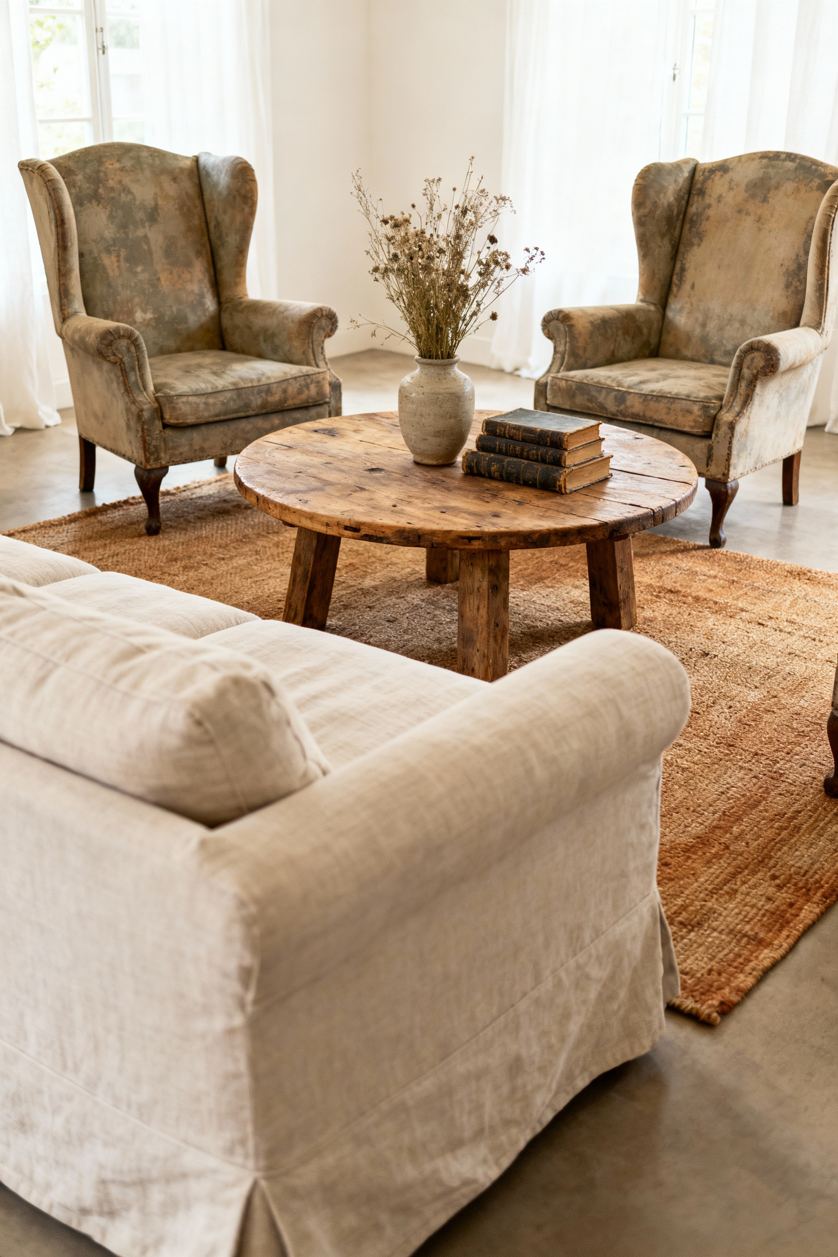 Warm and inviting country living room with purposefully arranged sofa and two wingback armchairs around a rustic coffee table on a patterned rug, promoting conversation and natural flow. Soft lighting enhances the cozy atmosphere.