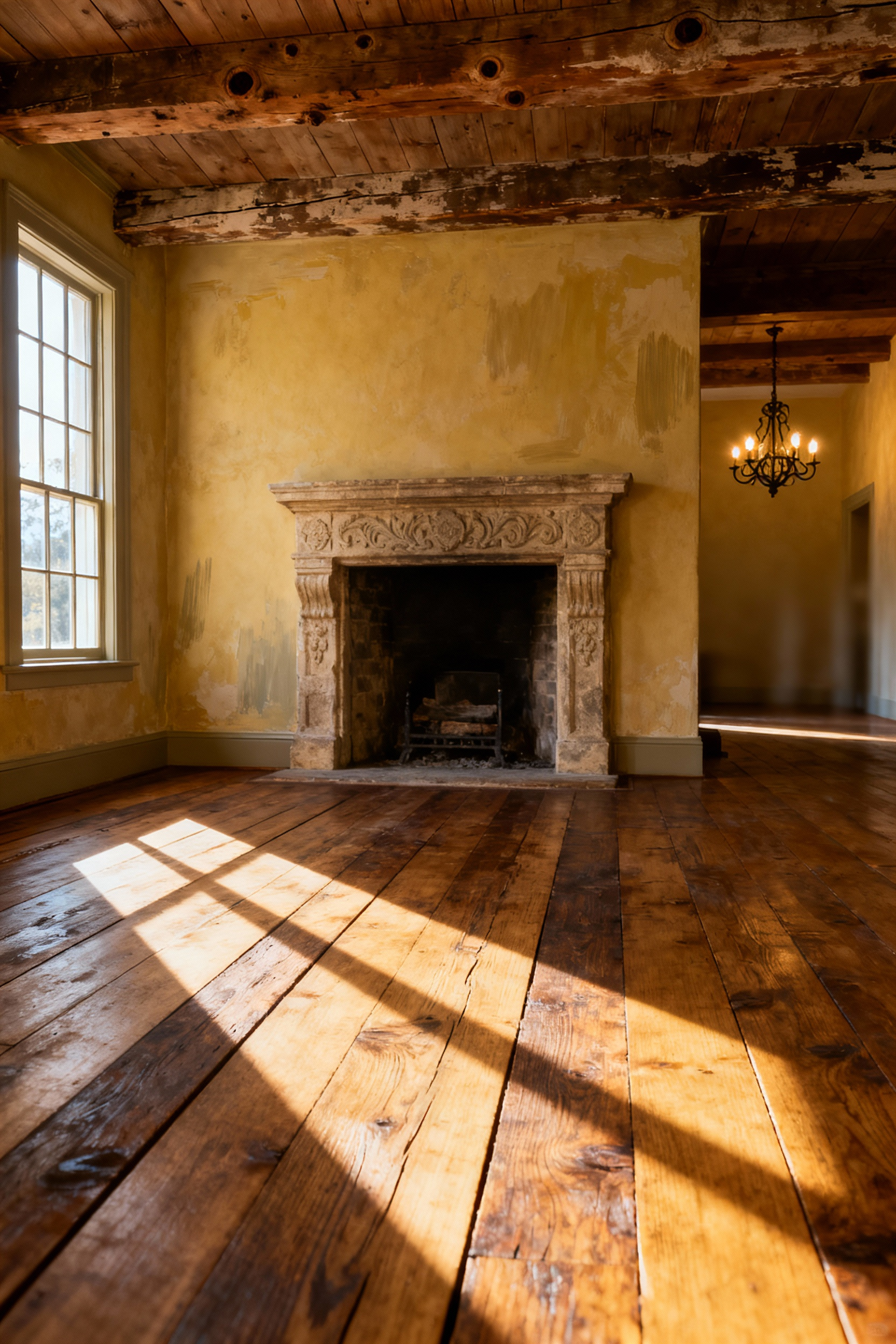 Country living room with original stone fireplace, limewash walls, wide plank wood floors, and exposed ceiling beams showcasing architectural integrity and historic detailing.