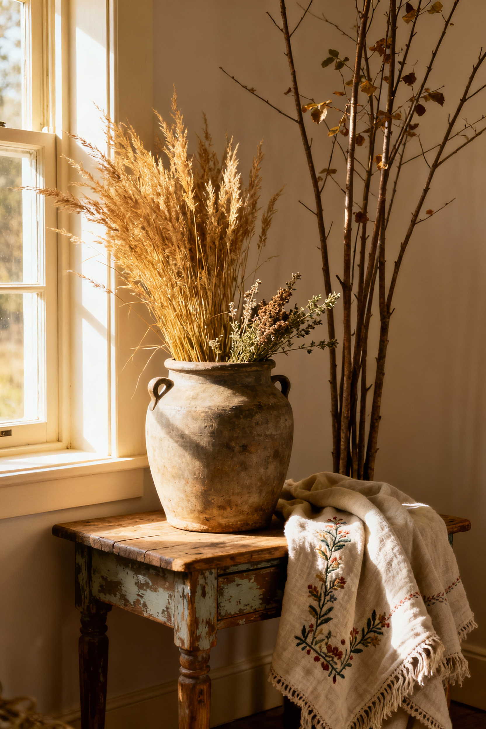 Authentic foraged botanicals and rustic greenery arranged in an antique stoneware crock on a wooden side table in a country living room bathed in soft natural light.