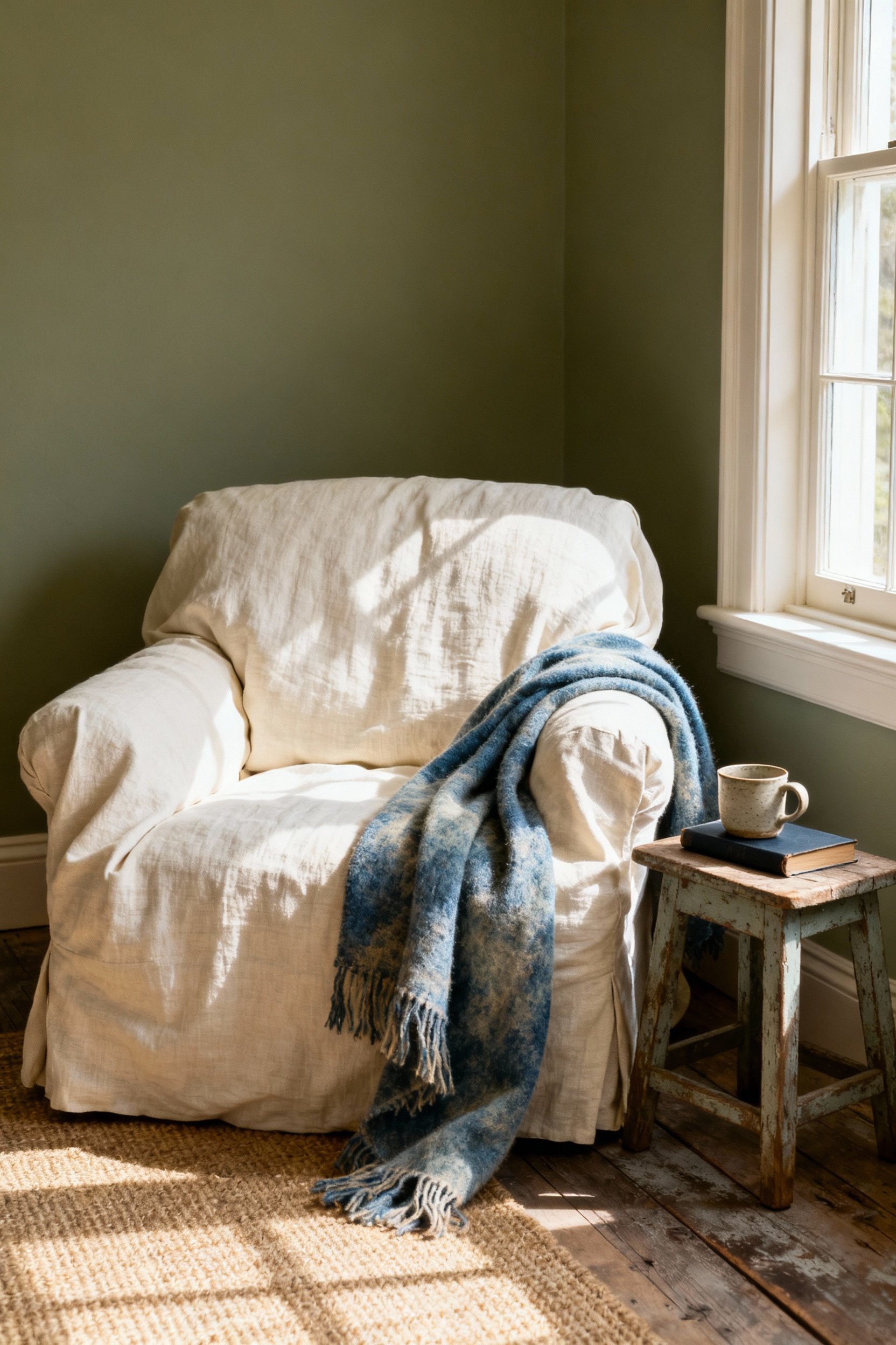 A comfortable, inviting cozy nook in a country living room featuring a plush armchair covered in a soft cream linen slipcover, adorned with a faded indigo throw and a weathered wooden side table. Warm natural light fills the scene.