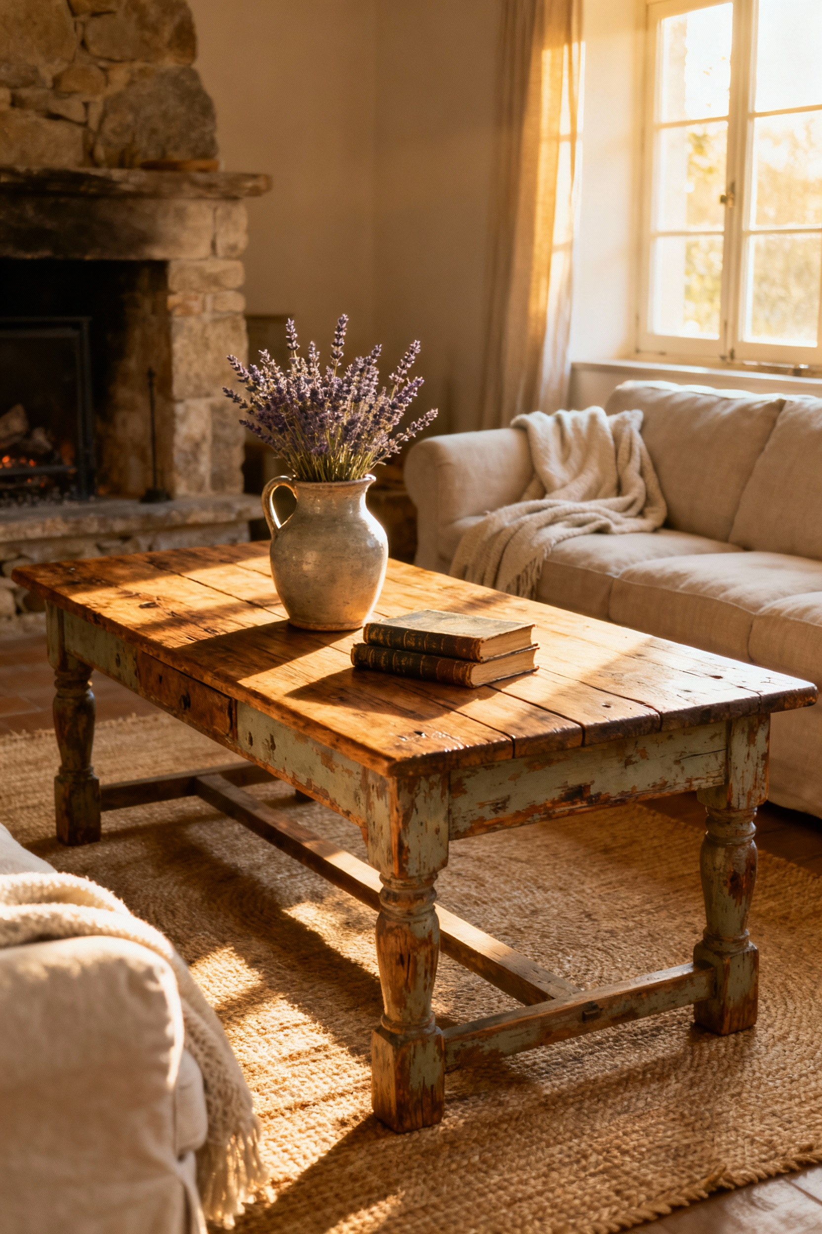 Vintage farmhouse coffee table in a French country living room, styled with dried lavender and antique books, showcasing a signature vintage find.