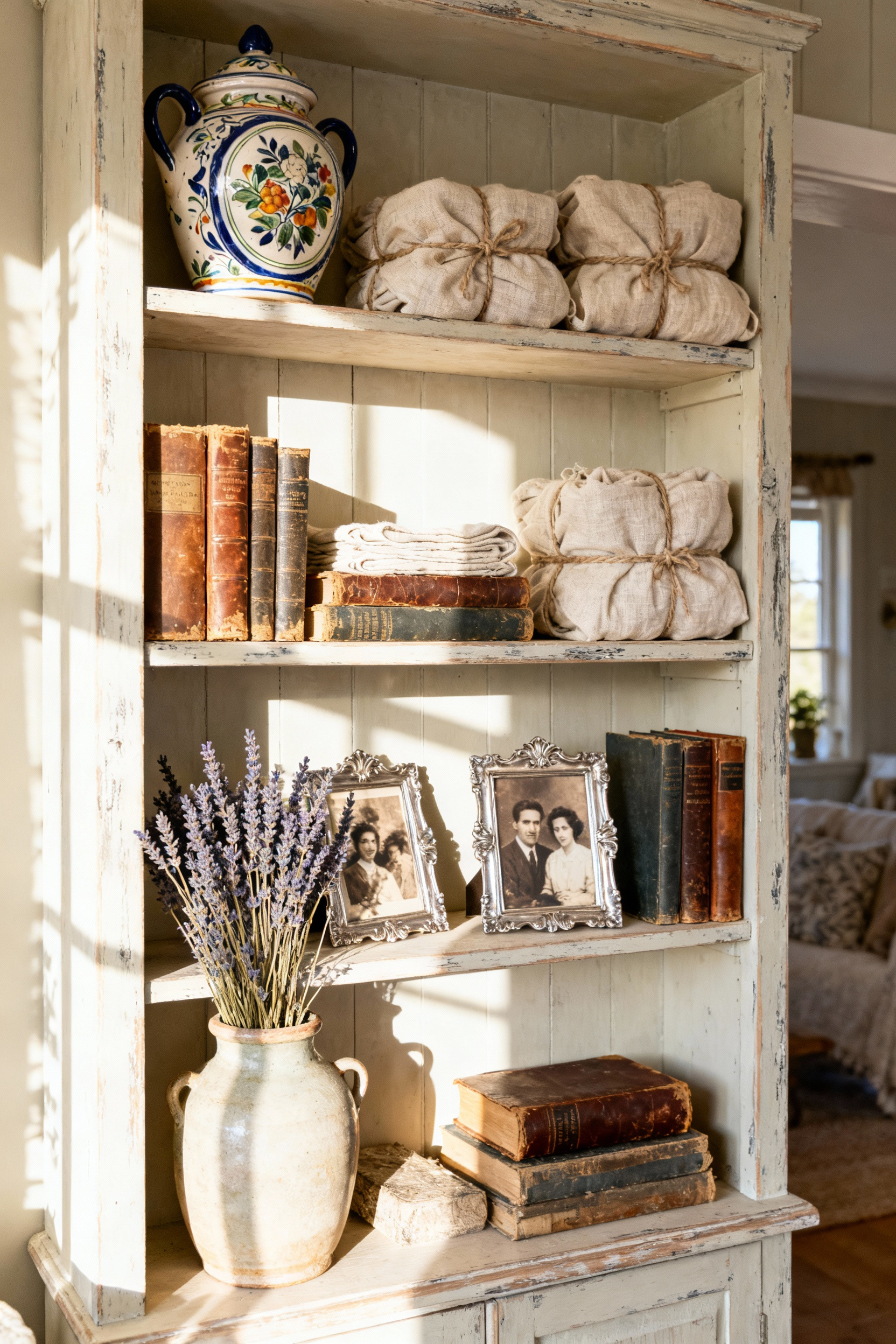 Portrait view of open wooden shelves in a country living room, displaying vintage pottery, old books, antique linens, and framed sepia photos under soft natural light, conveying a cozy, curated aesthetic.