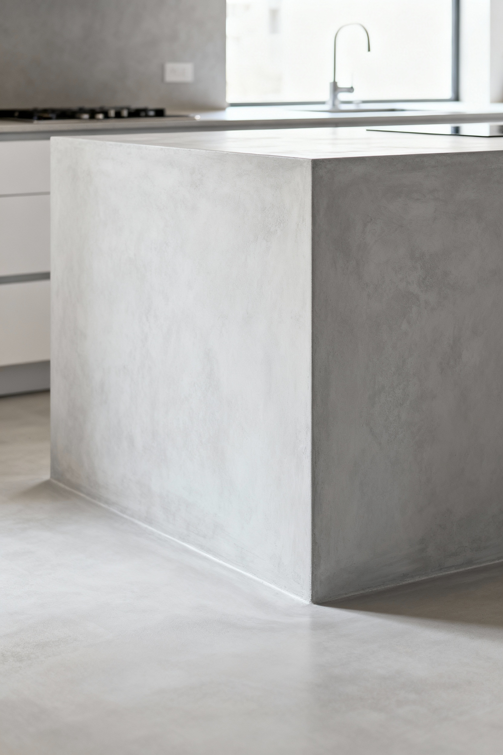 Contemporary kitchen featuring seamless light grey microcement on walls, floor, and countertops, creating a monolithic industrial modern aesthetic with an artisanal patina. Bright natural lighting highlights the smooth finish.