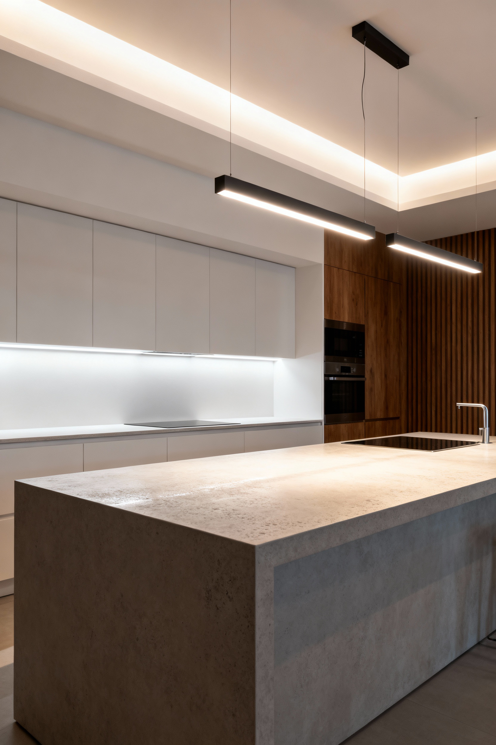 Contemporary kitchen interior with advanced layered lighting, featuring ambient ceiling light, task lighting under cabinets, and accent pendant lights over an island, creating a sophisticated and functional space.