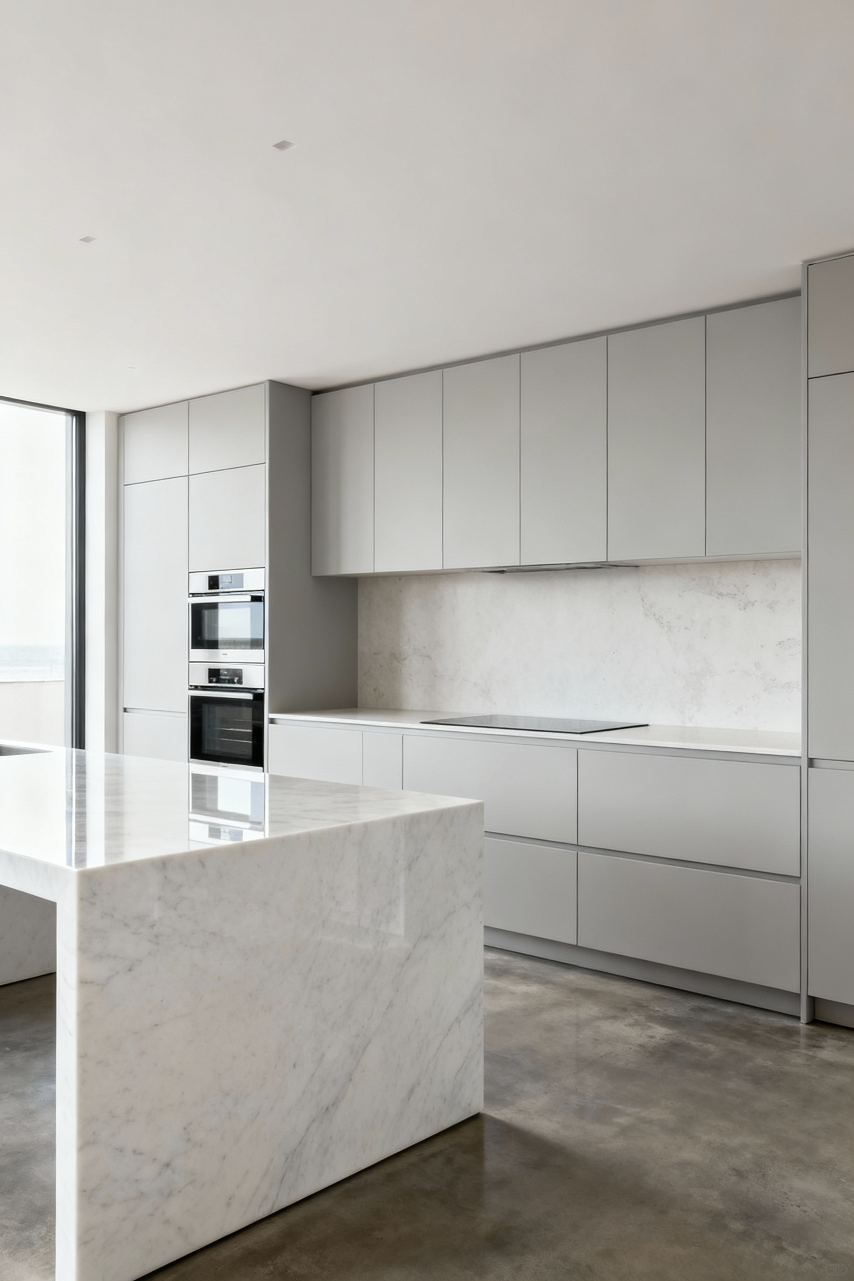 A professional photograph of a sleek, minimalist contemporary kitchen. The scene showcases integrated, handle-less appliances seamlessly concealed behind flush light grey cabinetry, with a pristine honed white marble countertop. The overall impression is one of profound clarity, sophisticated efficiency, and functional elements acting as organic ornamentation, devoid of clutter.