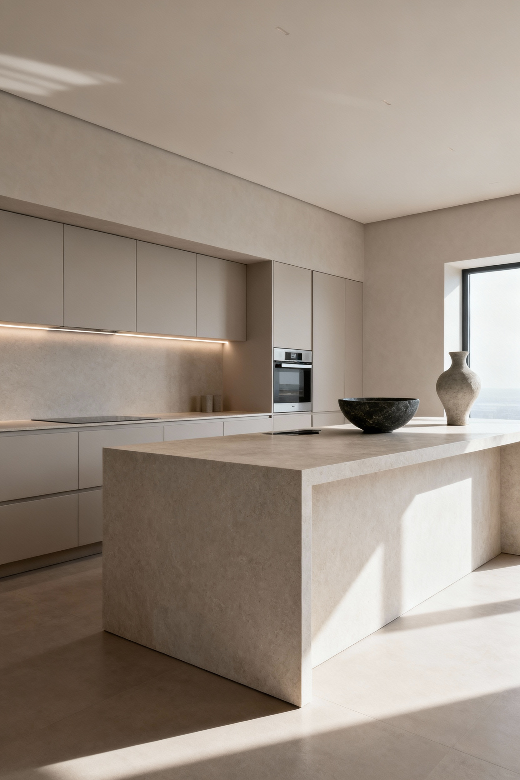 Minimalist contemporary kitchen with integrated cabinetry, honed stone island, and subtle lighting, showcasing intentional simplicity and refined design.