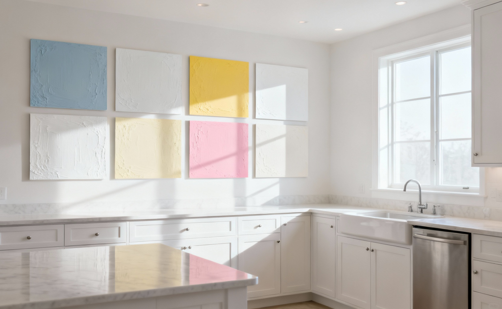 White kitchen interior showing various large paint samples with different white undertones on a wall, illuminated by soft ambient natural light.