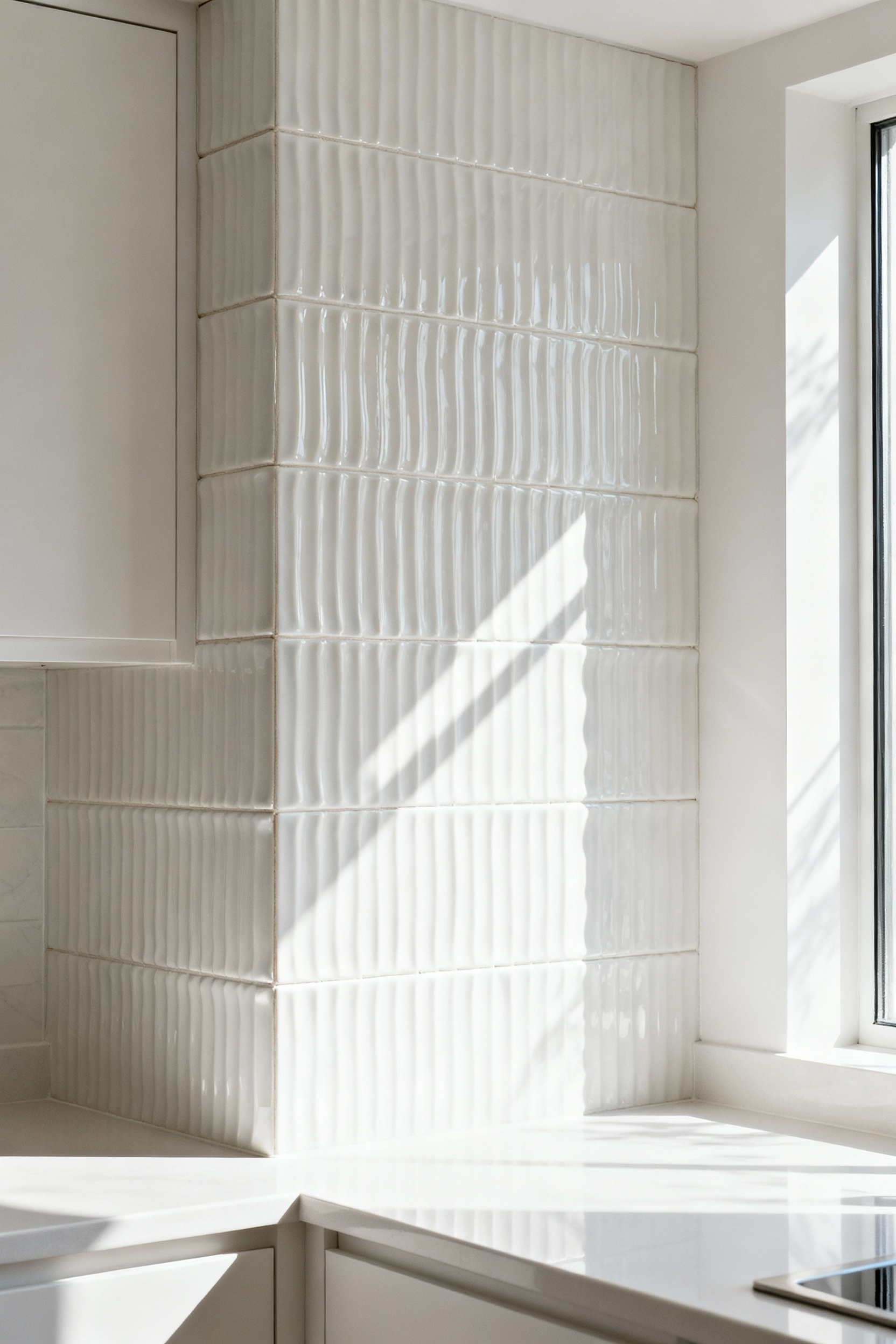 A pristine white kitchen featuring a textured white tile backsplash with subtle fluted ceramic tiles, reflecting soft natural light and creating a coastal contemporary ambiance.