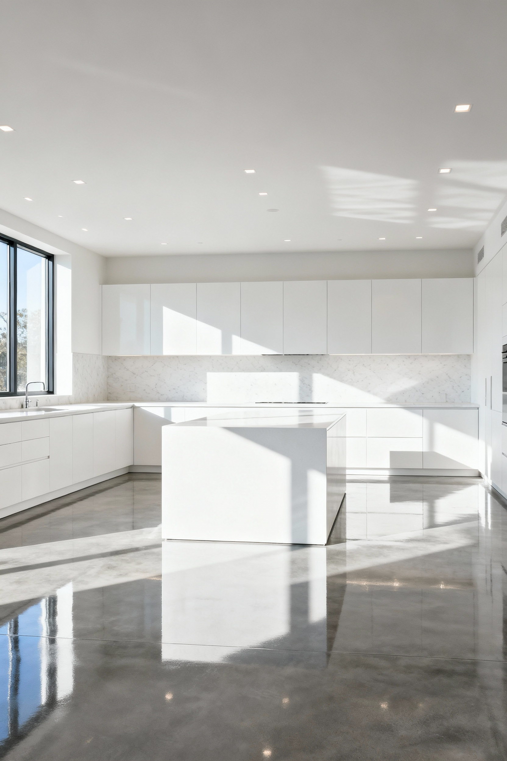 Elegant white kitchen featuring reflective polished concrete flooring, amplifying light and space, designed for visual balance and enduring sophistication.