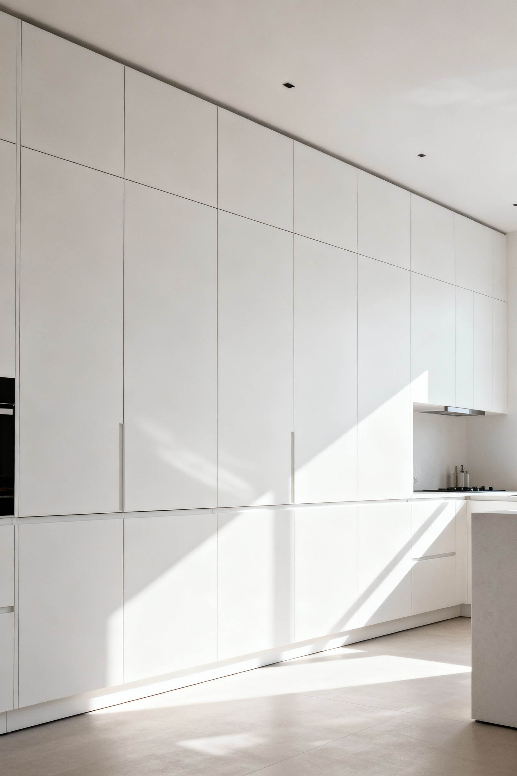 A modern white kitchen featuring floor-to-ceiling tall white kitchen units, creating a sense of vertical ascension and expansive storage, designed for a sophisticated feel.