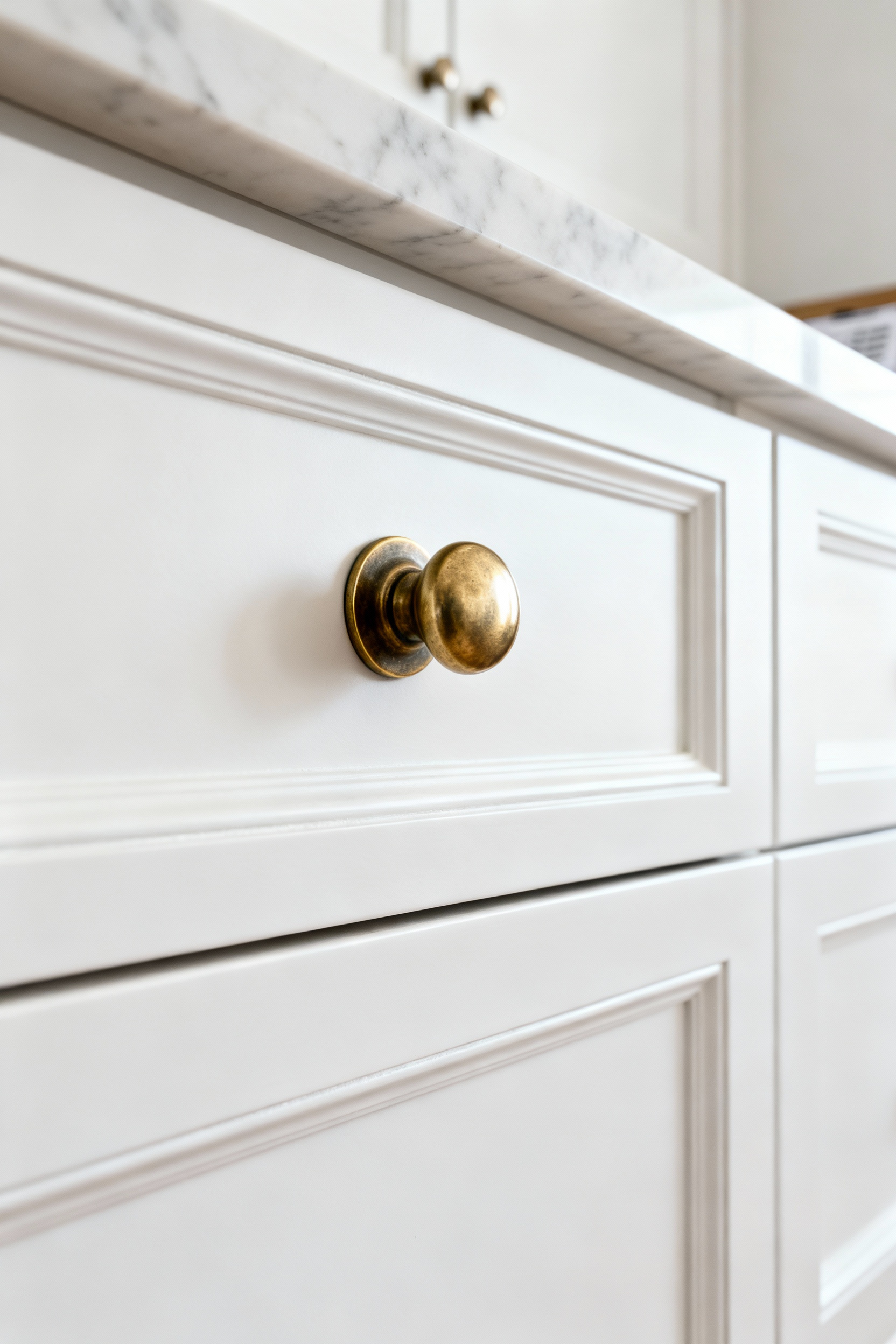 Elegant unlacquered brass cup pull on a white Shaker cabinet, highlighting the distinctive jeweled accent of high-end white kitchen hardware finishes.
