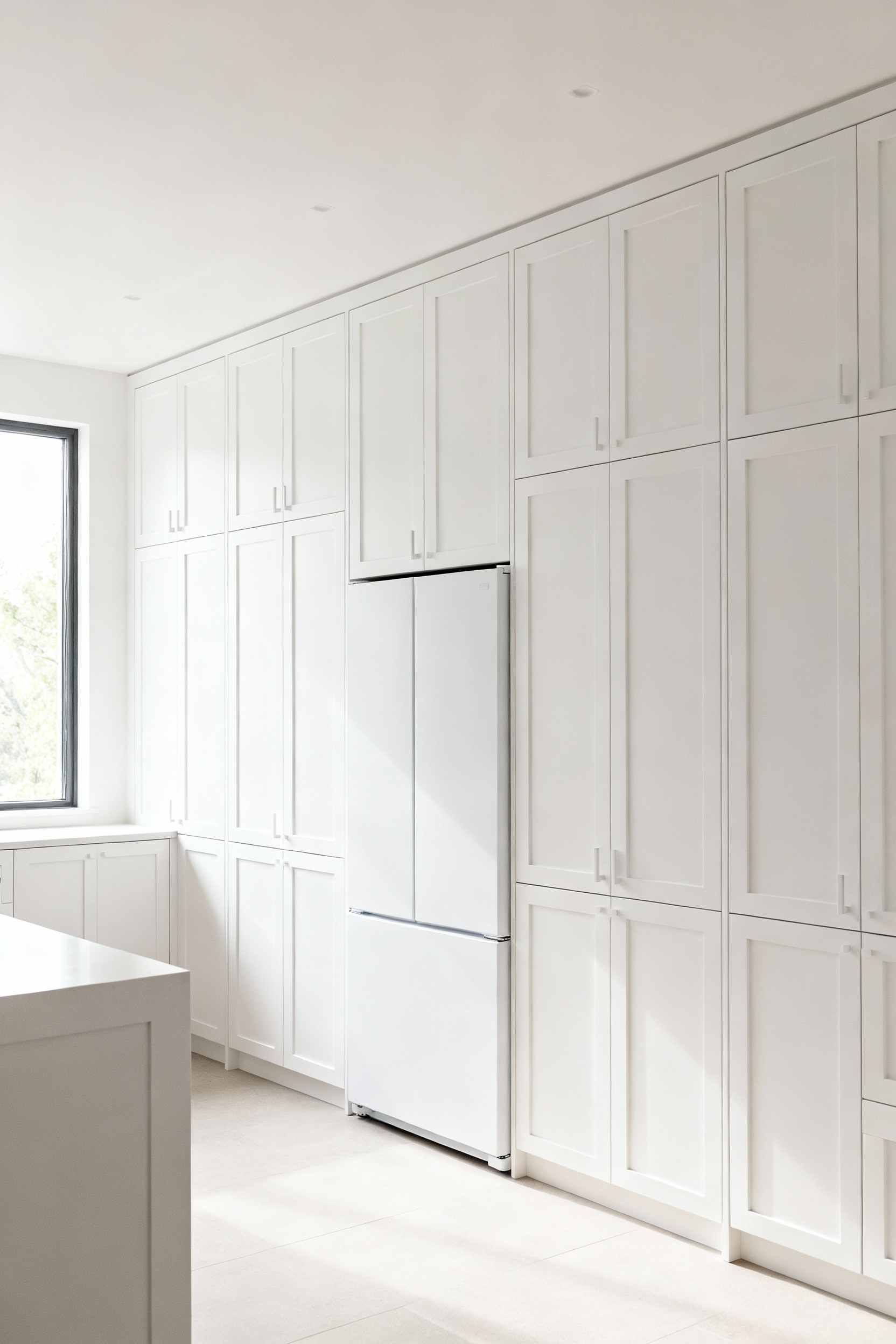 Modern white kitchen featuring seamlessly integrated refrigerator and freezer appliances behind minimalist white cabinet paneling, creating an uninterrupted visual flow and pristine aesthetic.