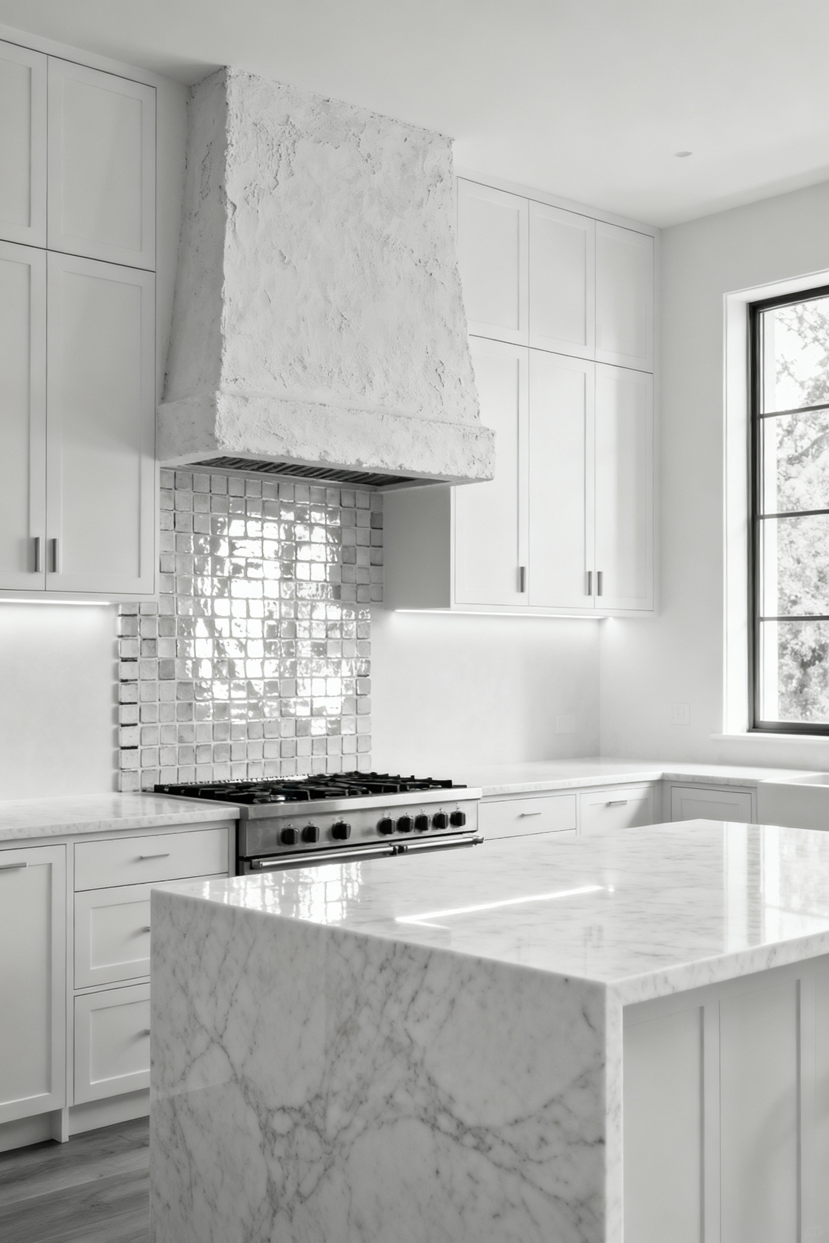Elegant monochromatic white kitchen showcasing layered white tones, varied textures like honed marble and Zellige tiles, and layered lighting for depth and sophistication.