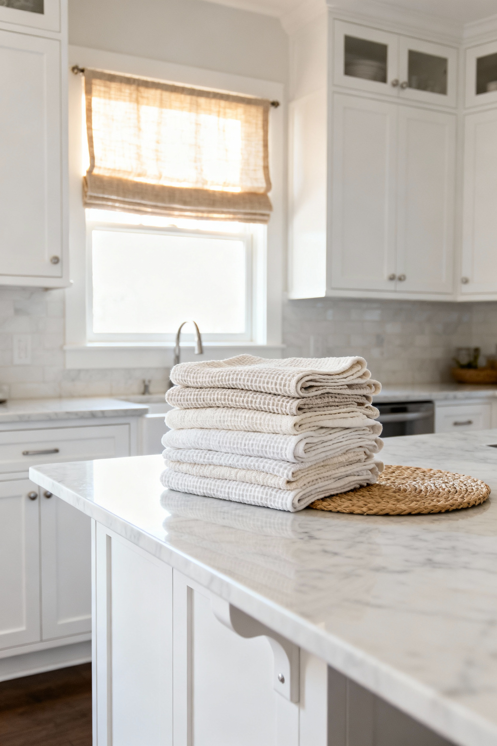 Modern white kitchen with natural linen Roman shades and organic cotton dishtowels, showcasing tactile comfort and soft textures.