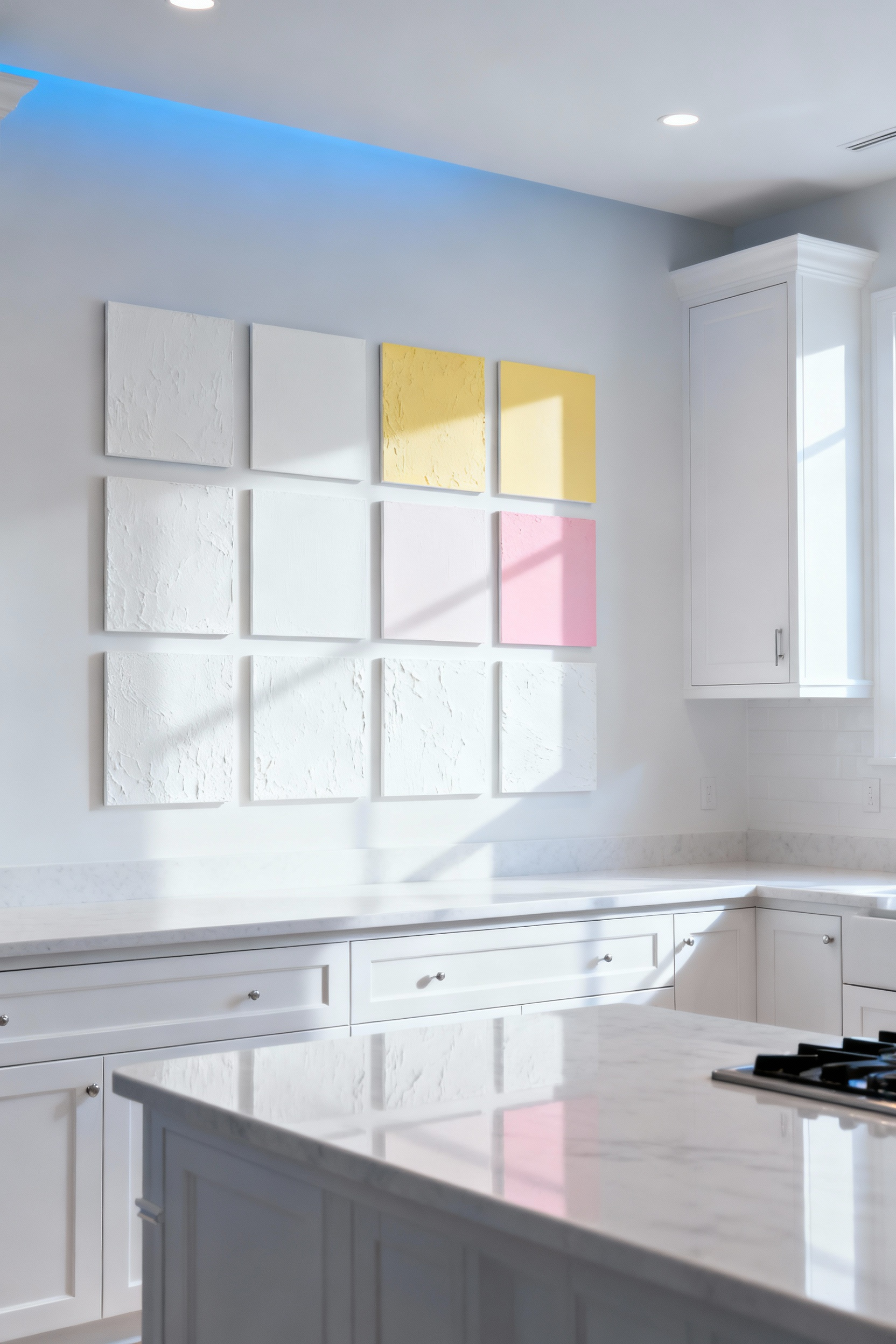 White kitchen interior showing various large paint samples with different white undertones on a wall, illuminated by soft ambient natural light.