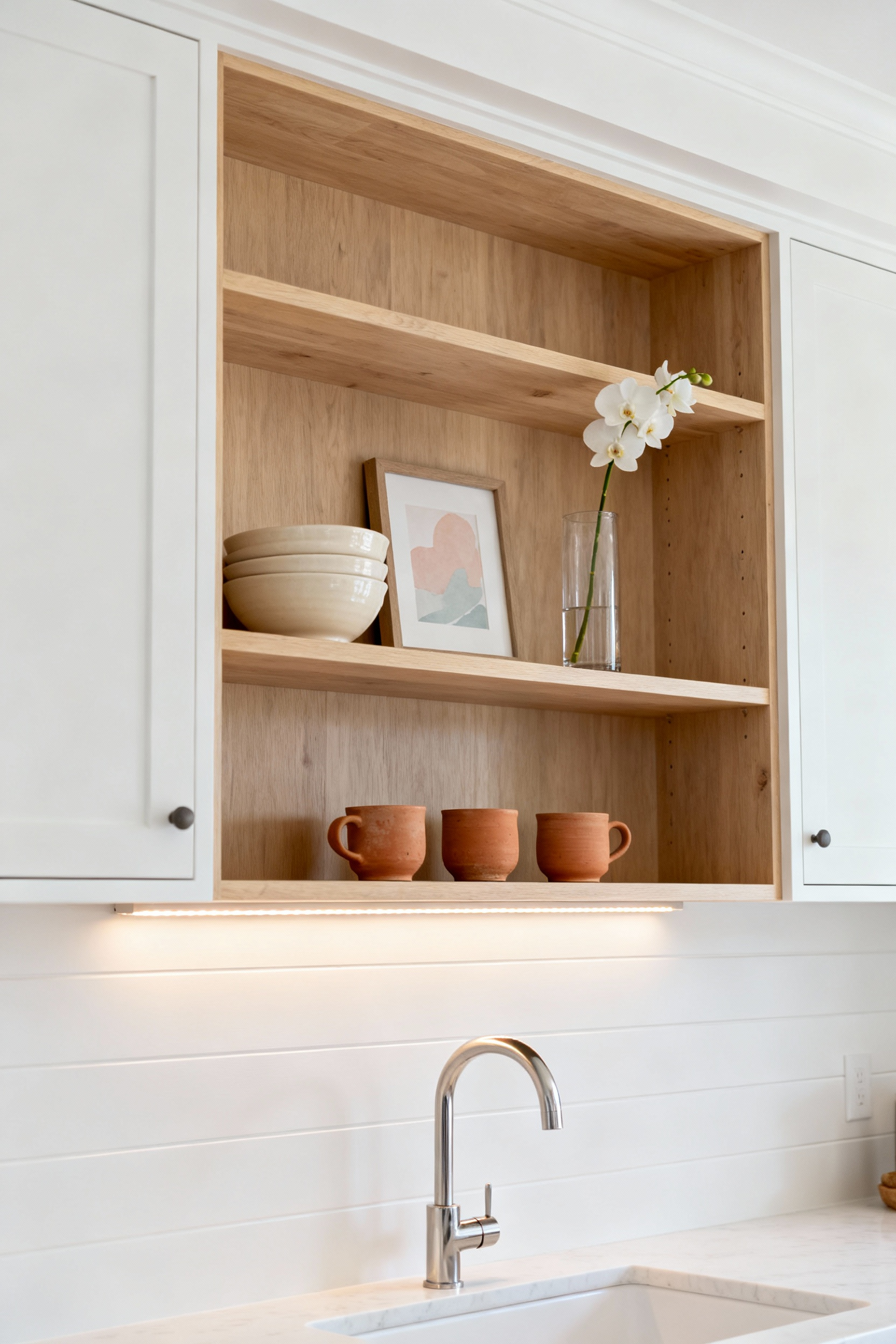 White kitchen with bleached oak open shelving styled with cream ceramic bowls, an orchid, and art. Modern coastal design.