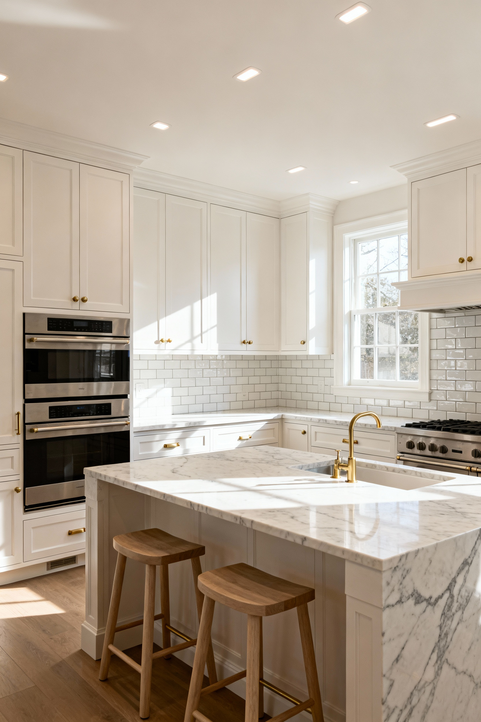 Timeless white kitchen with shaker cabinets, honed marble countertops, brass hardware, and subtle wood accents, bathed in natural light, representing enduring design.
