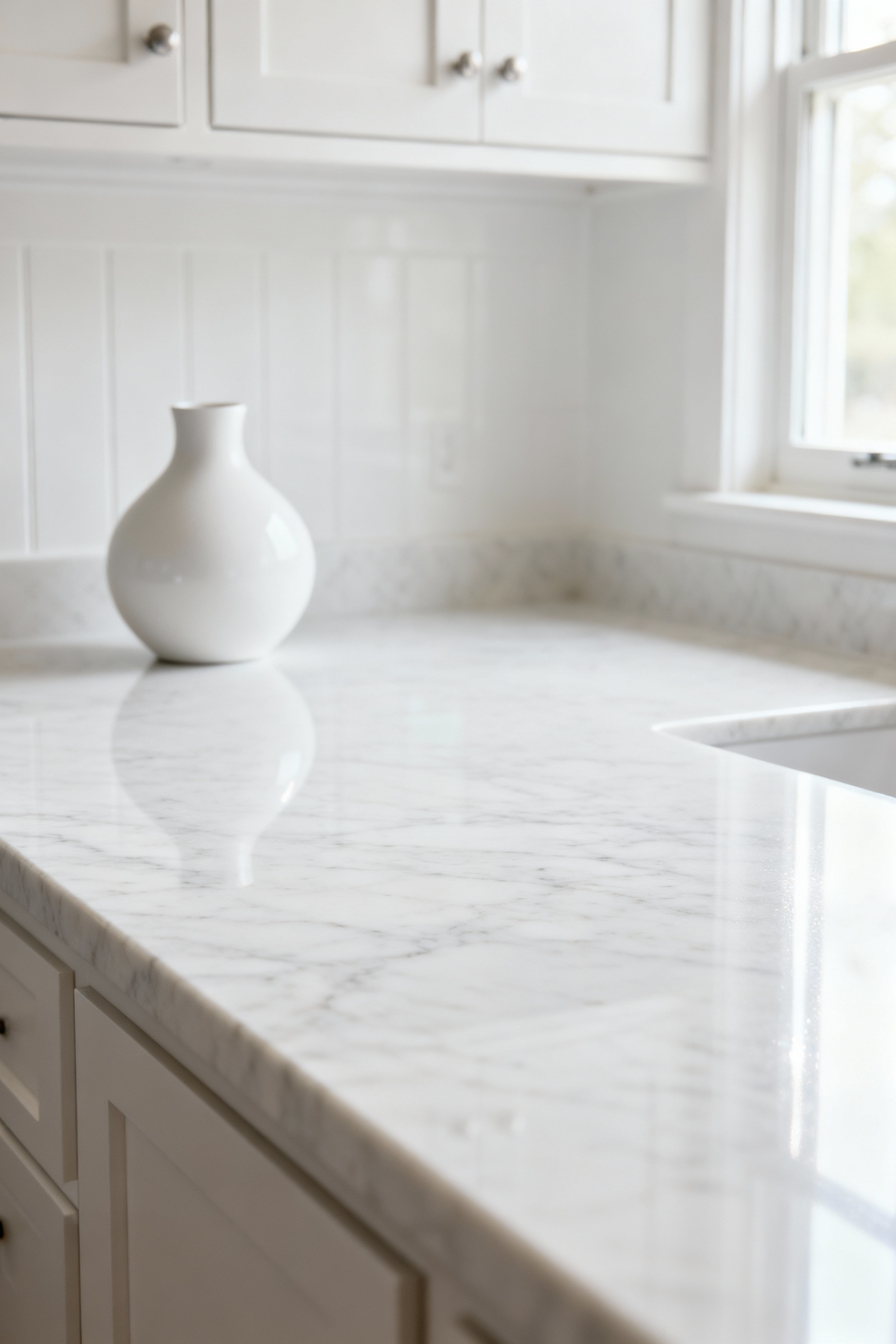 A pure white quartz kitchen countertop in a modern white kitchen, showcasing its resilient surface and seamless integration. Reflective and elegant.