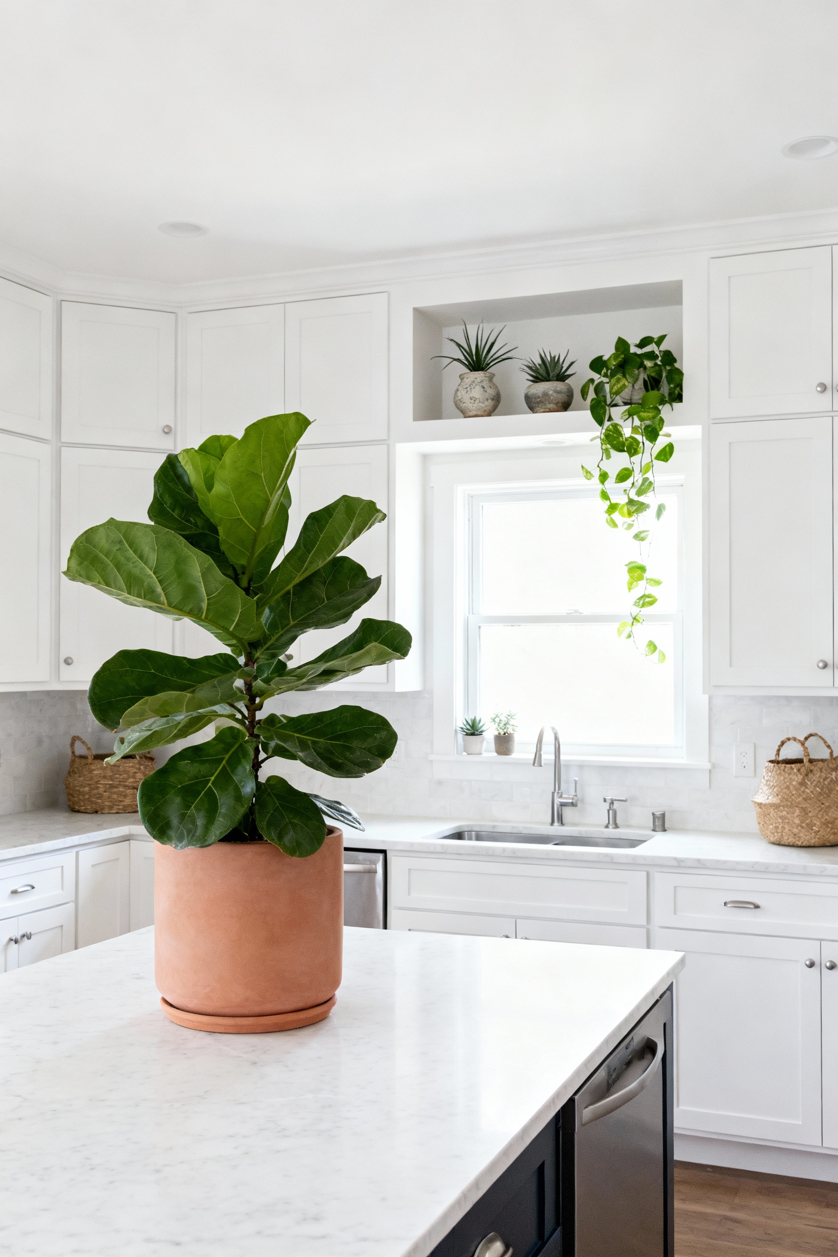 A bright white minimalist kitchen showcasing a tall Fiddle Leaf Fig tree in a matte pot next to a marble island and a collection of succulents and trailing plants above the sink, adding lush greenery to the crisp white interior.