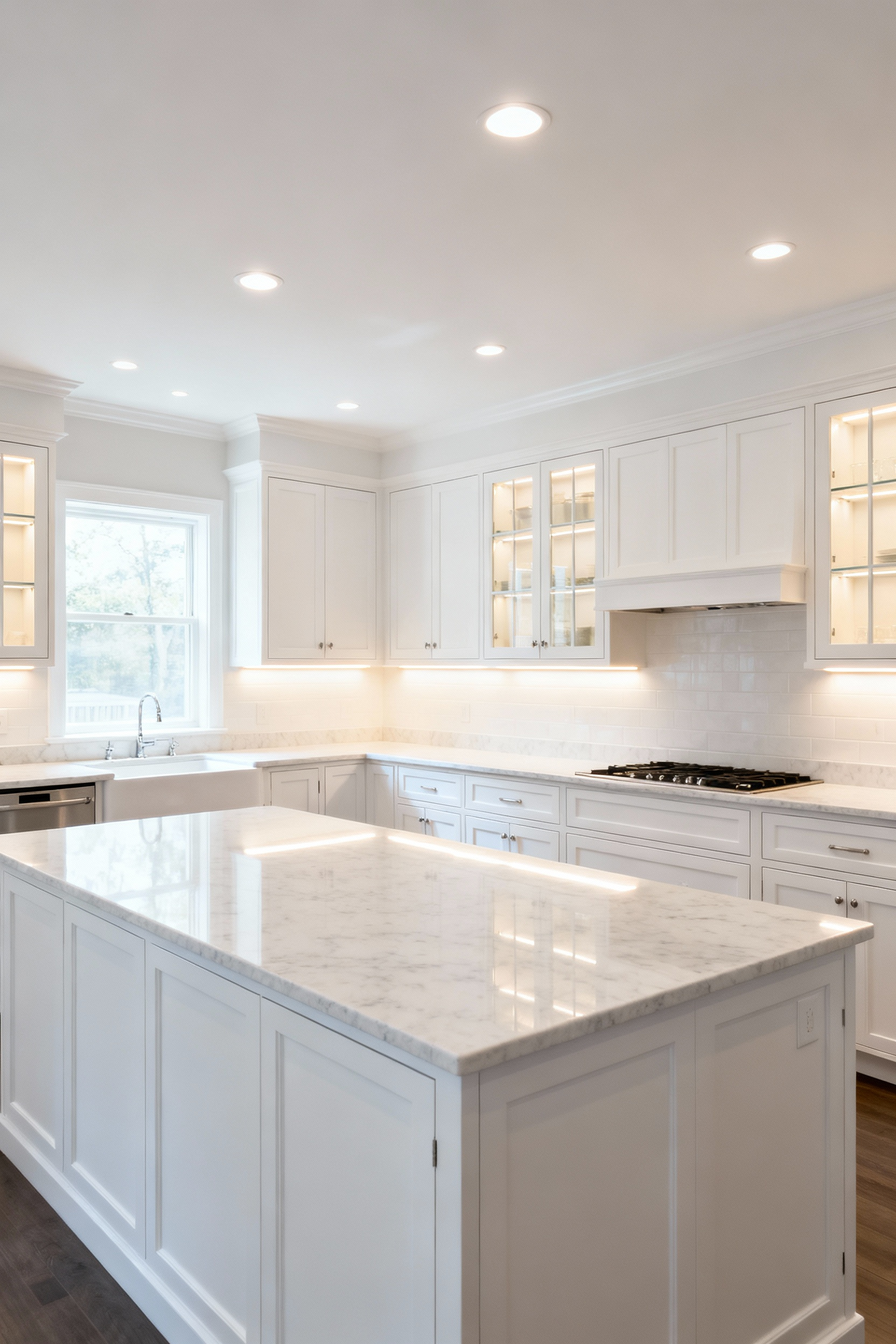 White kitchen interior featuring layered lighting, including recessed ambient lights, under-cabinet task lighting, and in-cabinet accent lighting, illuminating pristine cabinetry and a kitchen island with pendant lights.