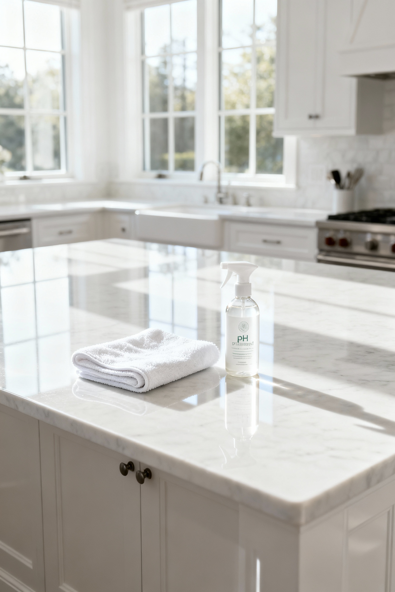 White kitchen countertop being cleaned, showcasing immaculate maintenance and sparkling surfaces, for lasting beauty.