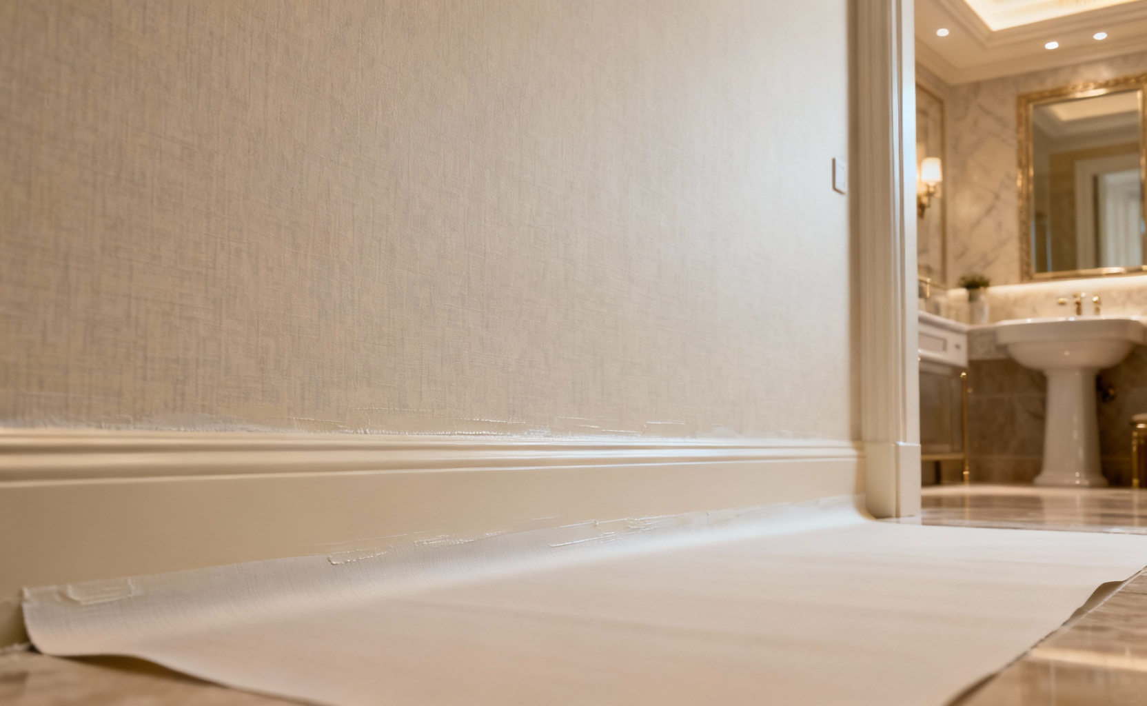 Close-up of a meticulously prepared maximalist bathroom wall substrate, showing a smooth, moisture-resistant surface ready for opulent wallpaper installation, emphasizing foundational quality.