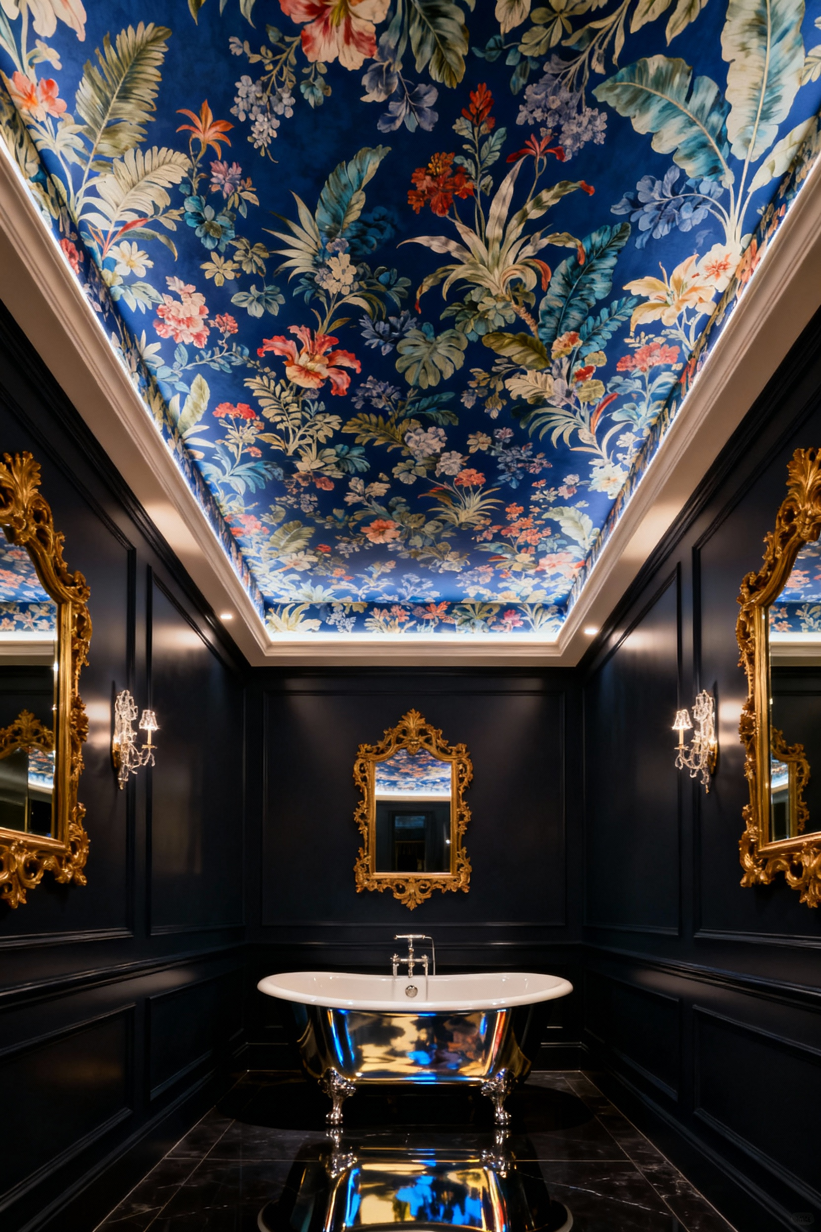 Maximalist bathroom interior with an ornate, hand-painted floral wallpaper covering the ceiling, dramatic lighting, a clawfoot tub, and elegant fixtures.