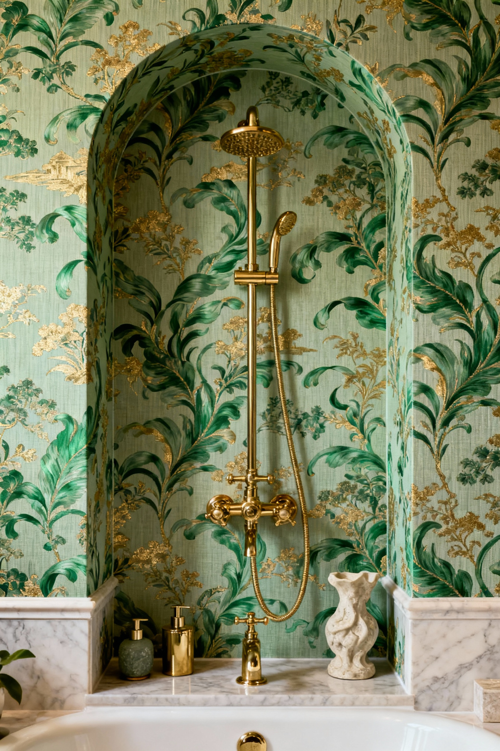 Luxurious bathroom showcasing a maximalist design with intricate botanical wallpaper seamlessly extending from the main wall into an ornate architectural niche, featuring polished brass fittings.