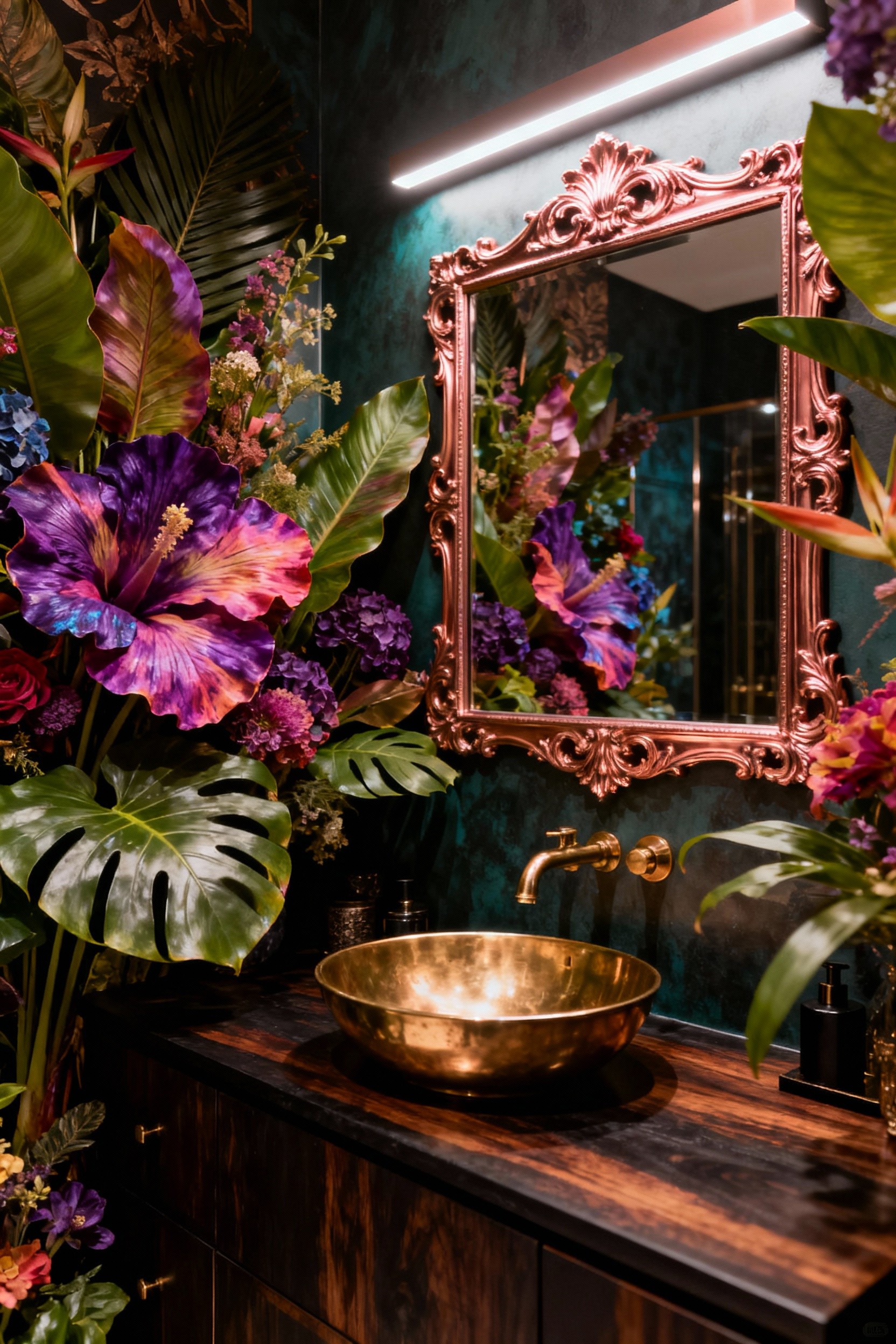 Luxurious maximalist bathroom featuring a bold, panoramic floral wallpaper mural in vibrant jewel tones, contrasted by a polished brass vanity and a rose gold framed mirror.
