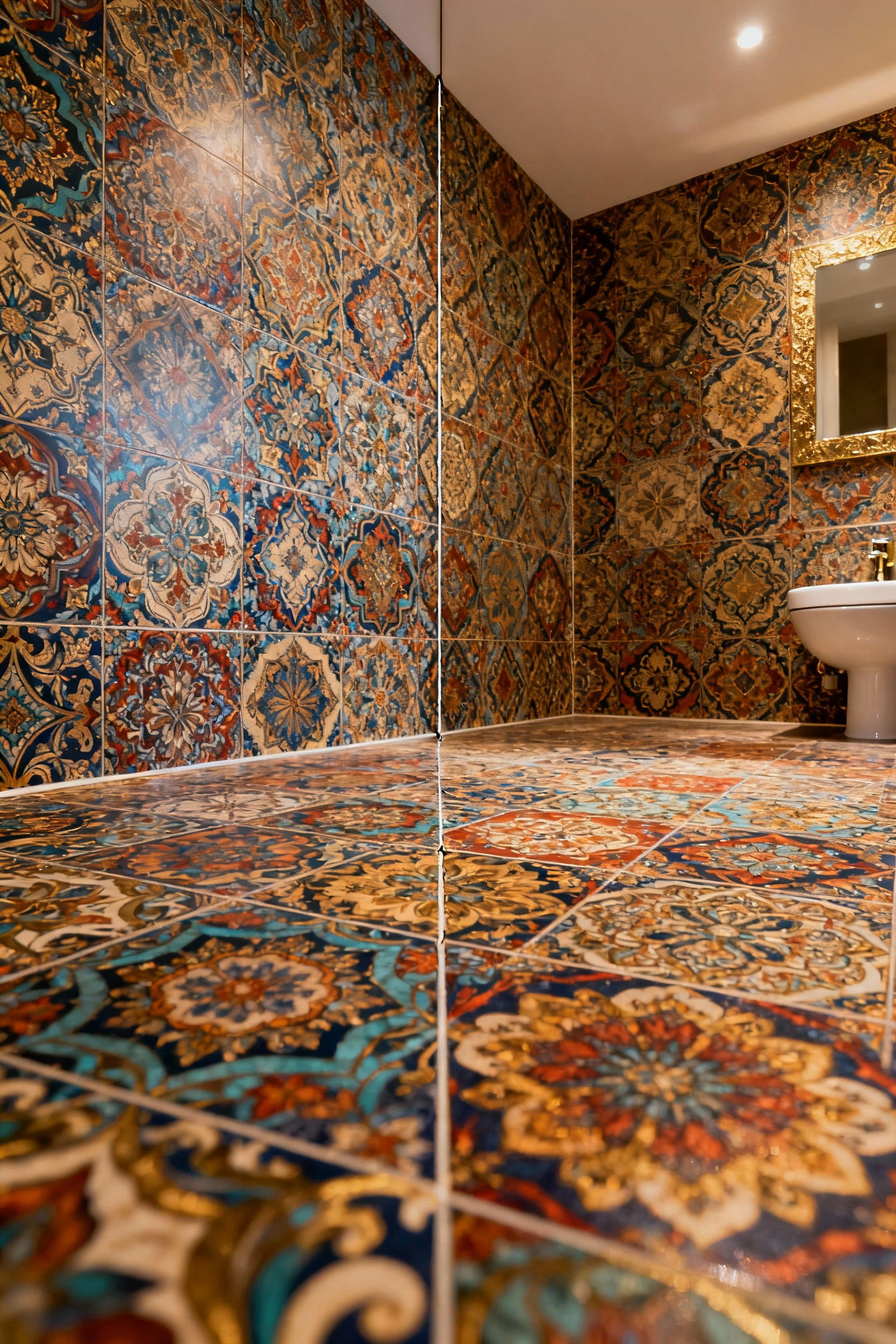 Close-up of maximalist bathroom wallpaper showcasing flawless, invisible seams and precise pattern alignment due to expert installation.