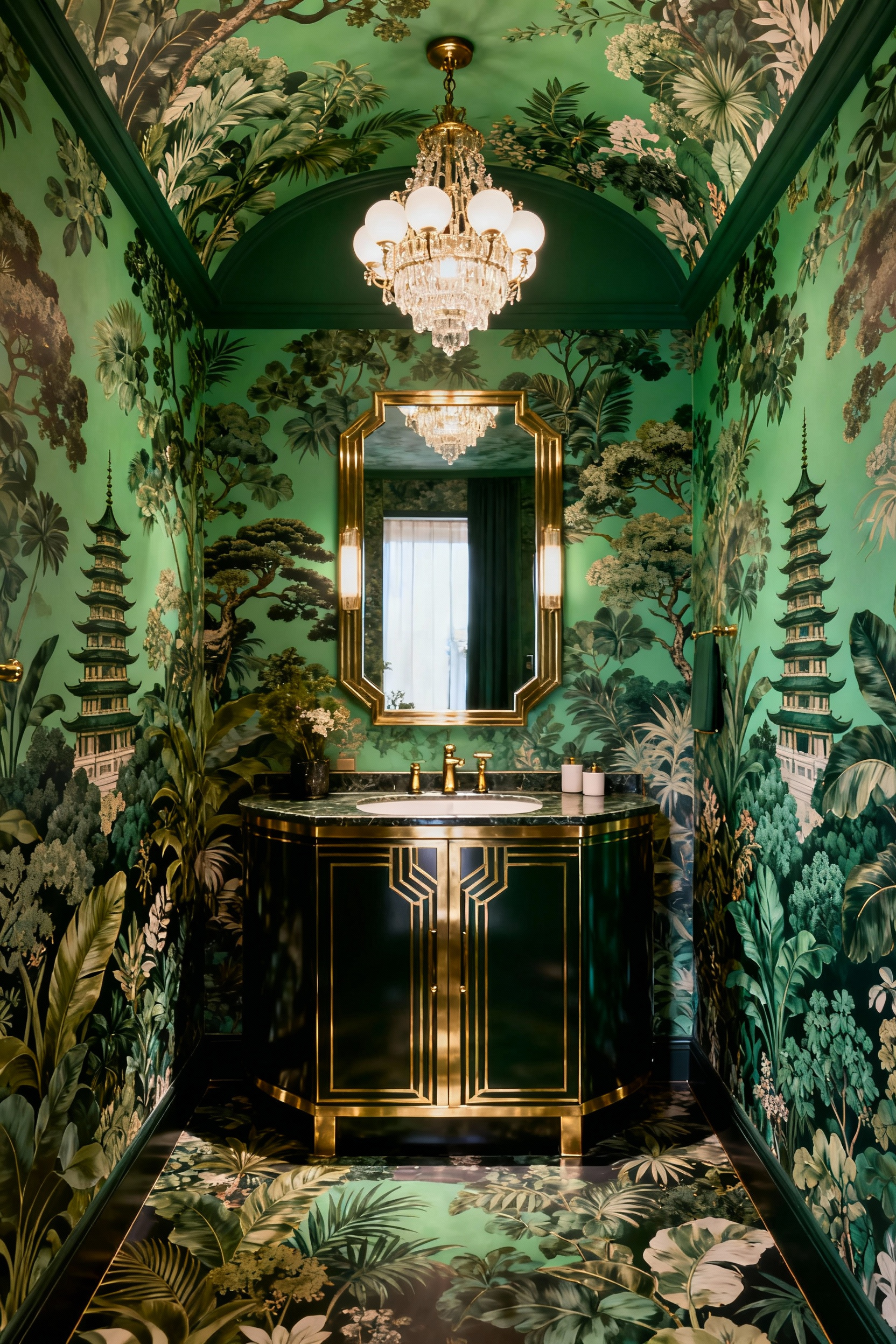 Luxurious maximalist bathroom with emerald green large-scale Pagoda motif wallpaper extending onto the ceiling, featuring a brass Art Deco vanity. High-end maximalist interior design.