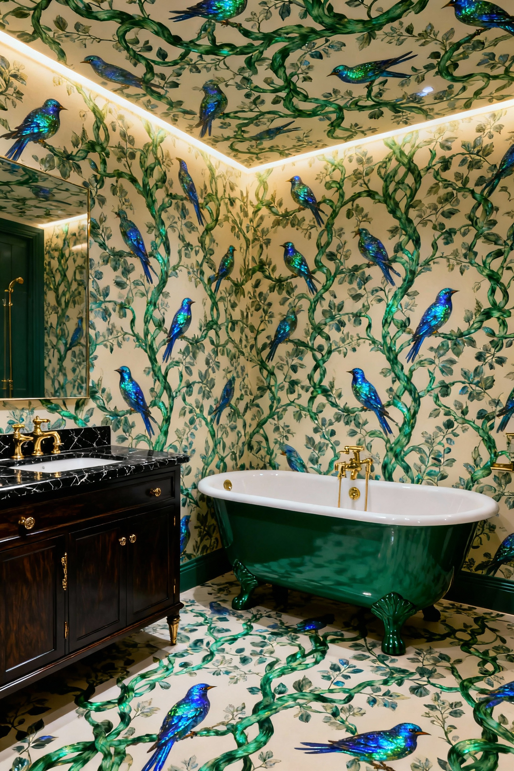 Luxurious maximalist bathroom with a large-scale botanical pattern repeat wallpaper extending from walls to ceiling, featuring emerald green vines and blue birds. A green clawfoot tub and dark marble vanity add opulence, creating an expansive, immersive space.