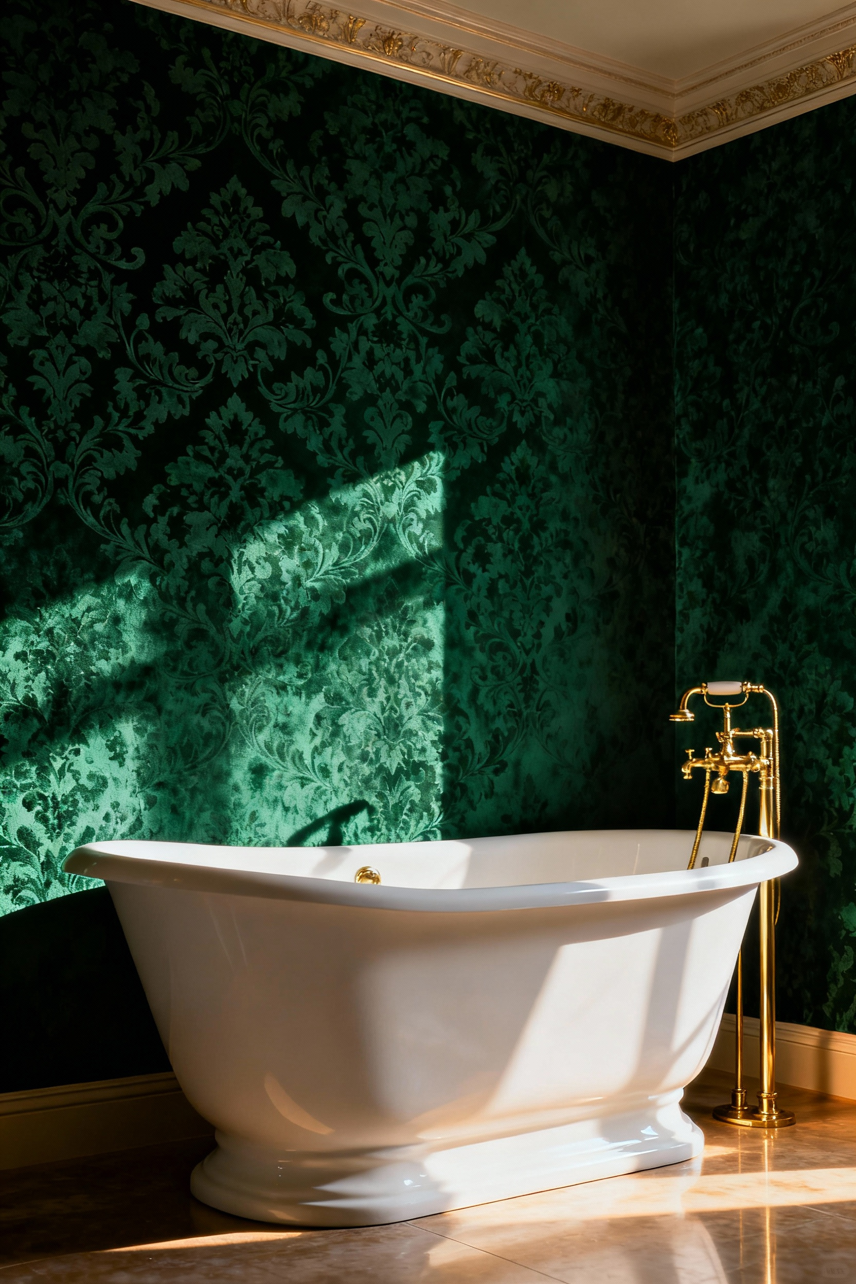Maximalist bathroom with a freestanding white sculptural bathtub framed by a dramatic deep emerald green velvet flocked wallpaper featuring an oversized rococo damask pattern, creating a luxurious vignette. Warm lighting enhances the textures.