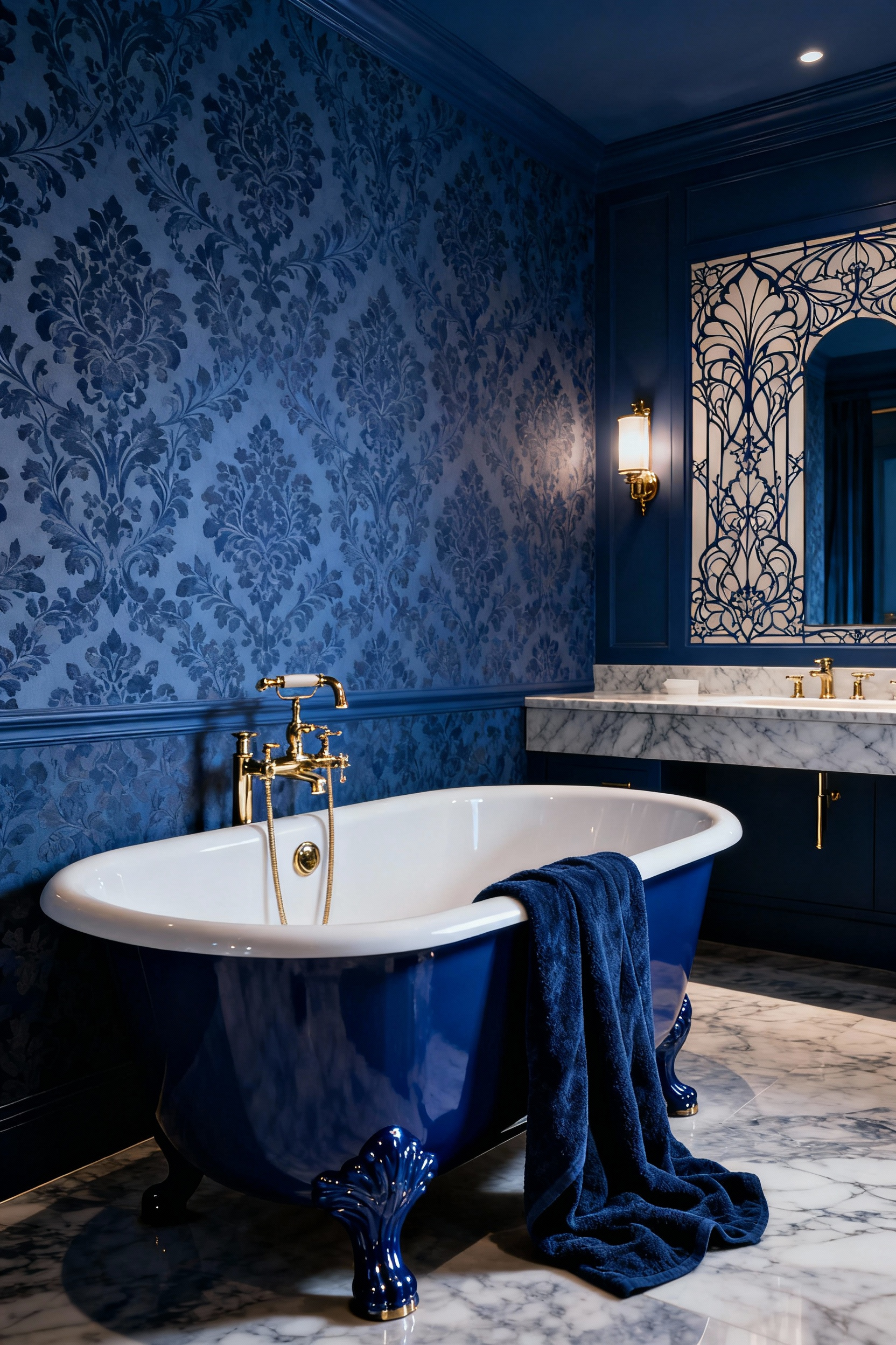 Maximalist bathroom featuring rich sapphire blue monochromatic damask wallpaper, freestanding clawfoot tub with brass fixtures, and a marble vanity, exuding enveloping depth and luxurious drama.